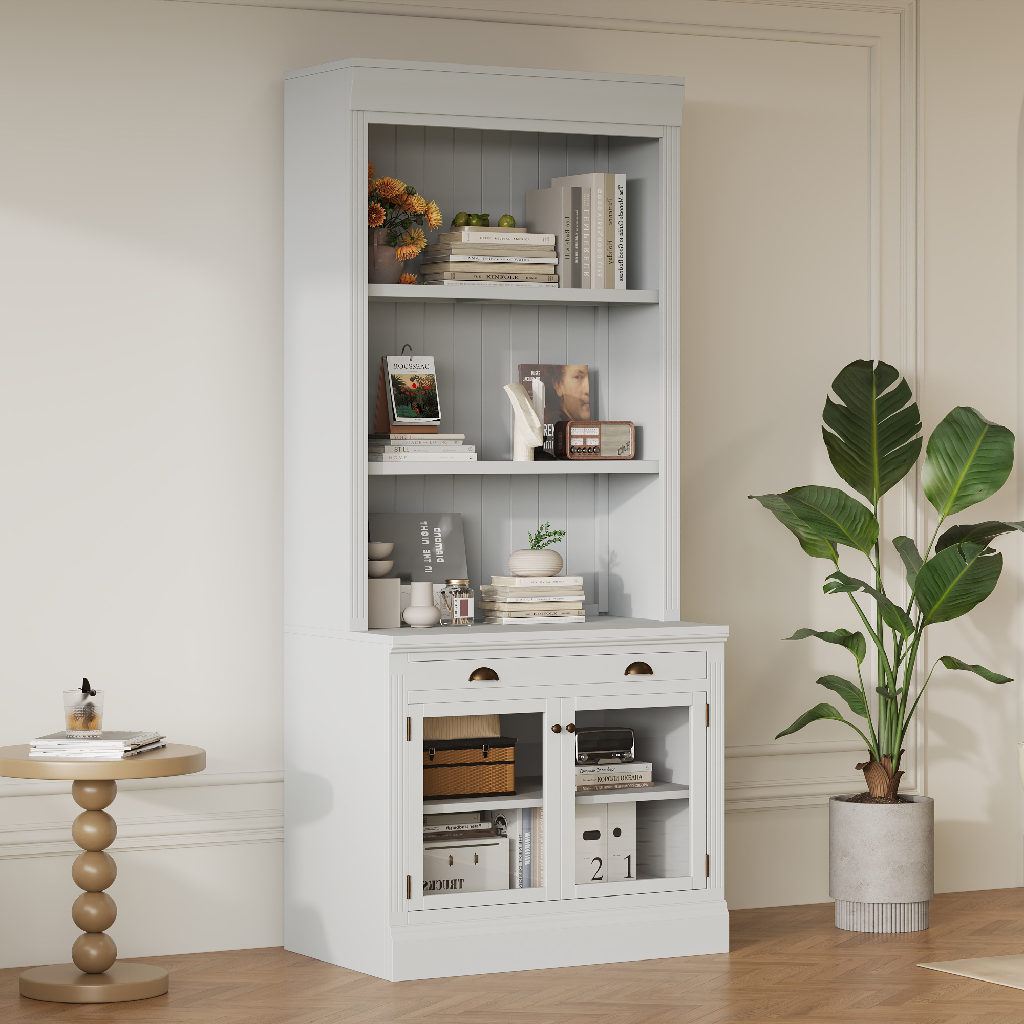 Bibliothèque 83,4" moderne, 2 portes verre, 1 tiroir, blanc