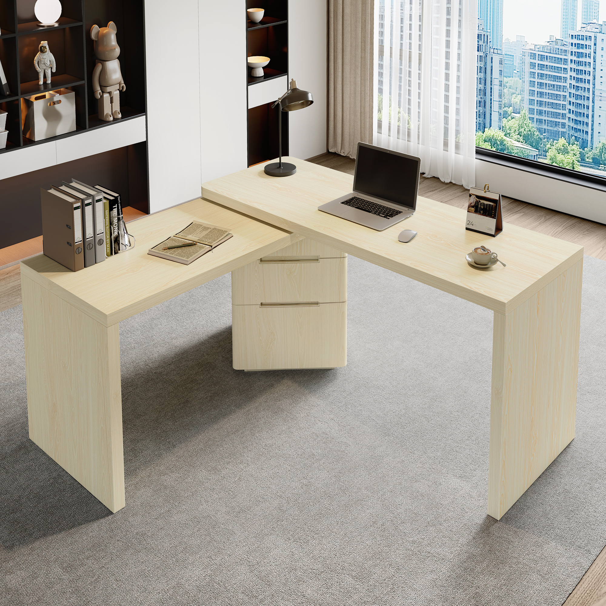Bureau L 90po bois naturel 3 tiroirs pivotant