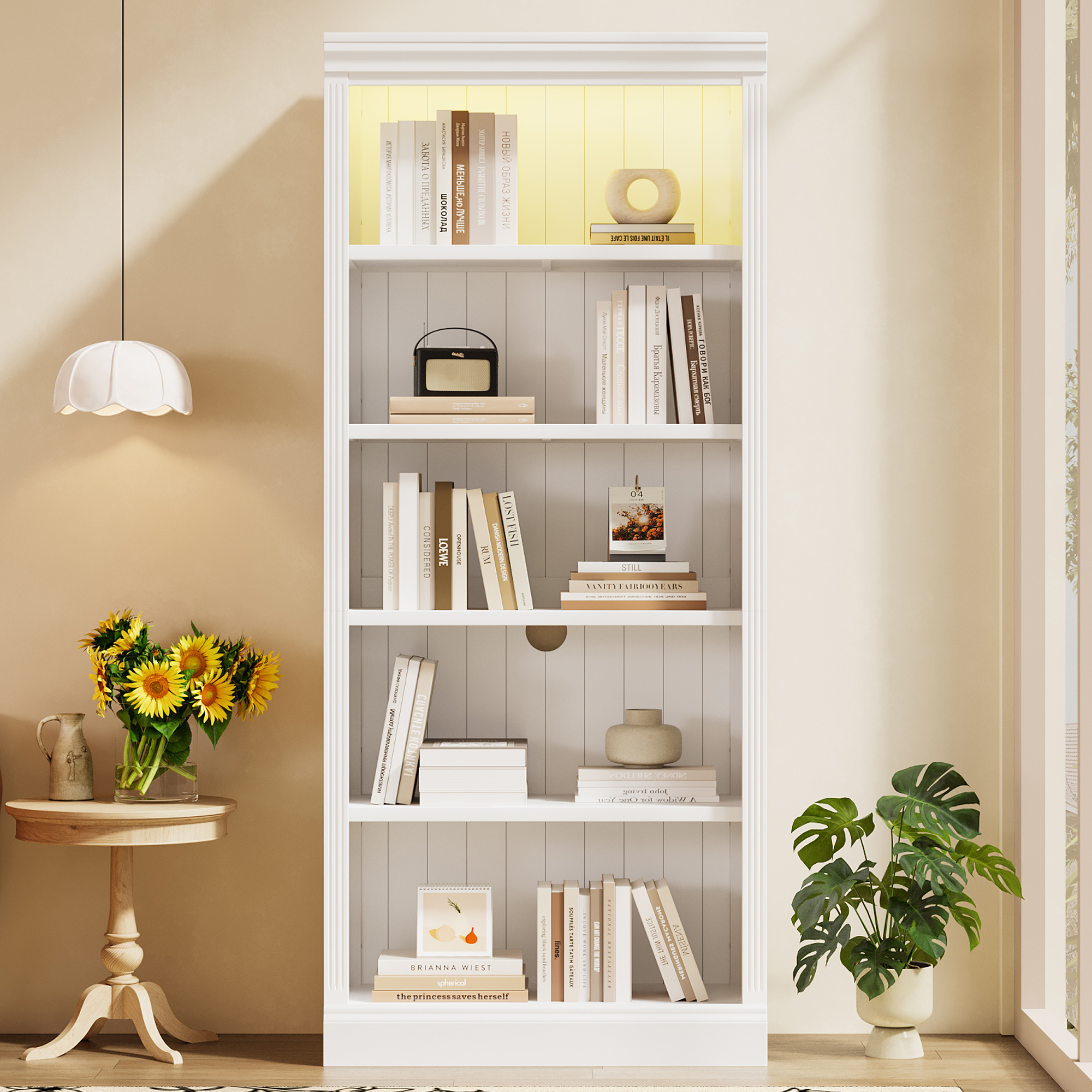 Bibliothèque 83,4" bois lumineuse, 5 étages, blanc