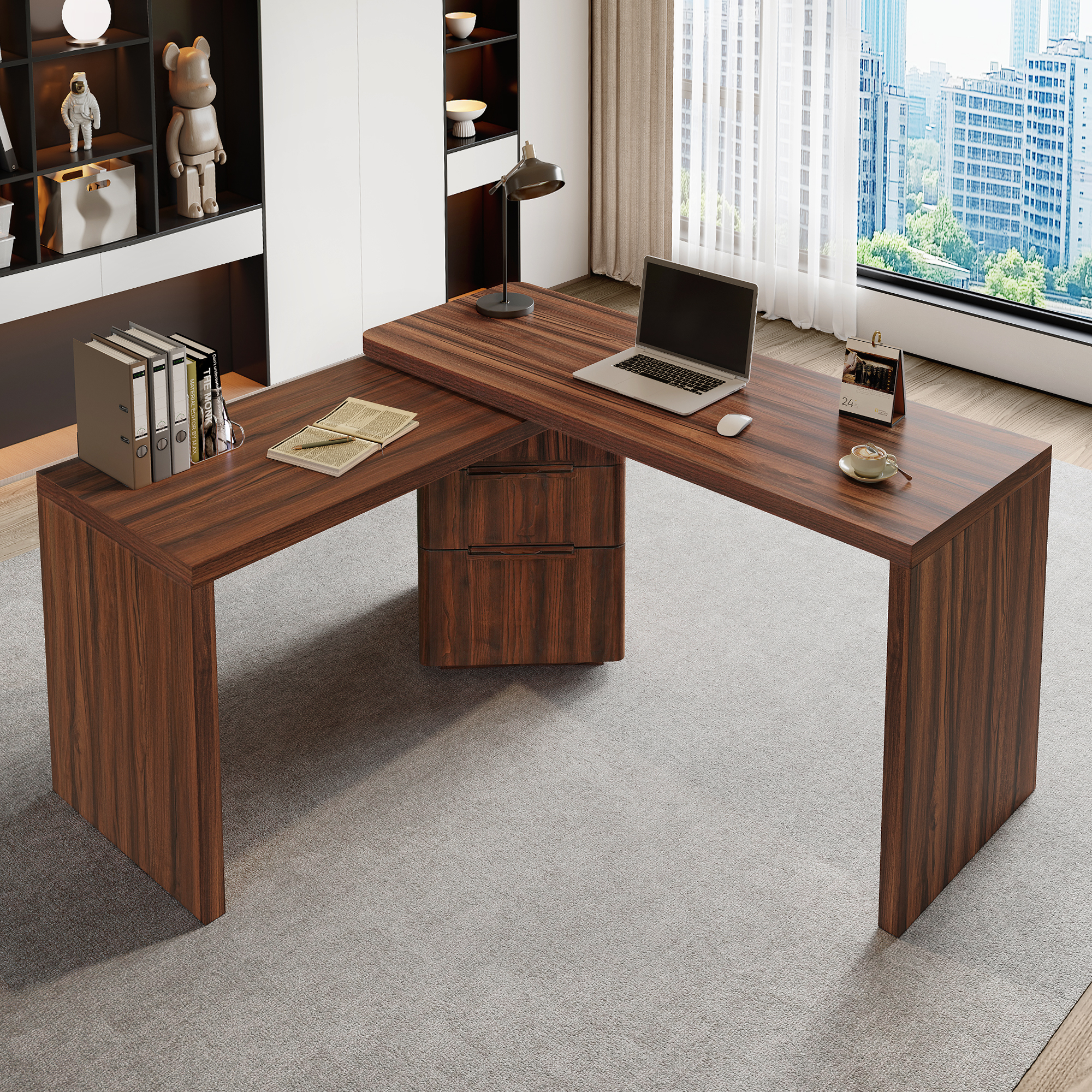 Bureau en L 90 Modern noyer 3 tiroirs, rotatif 360°