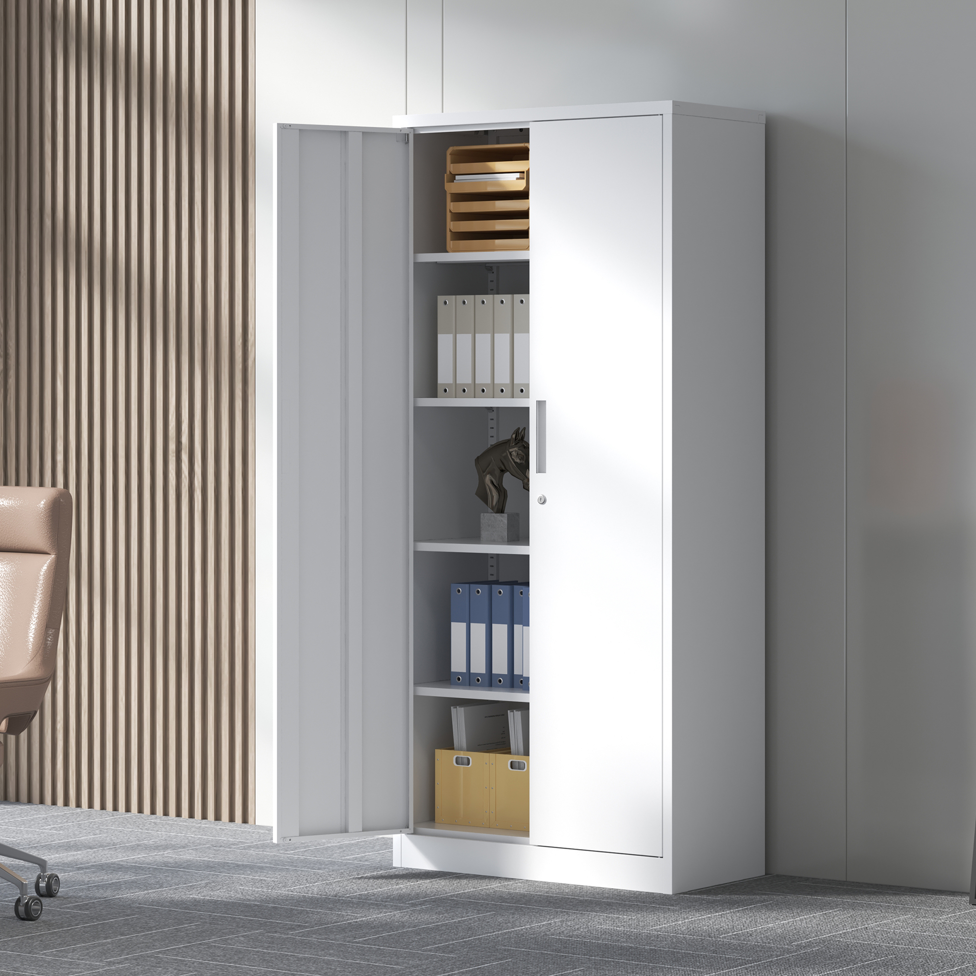 Cabinet rangement garage 71 po H blanc, 4 tablettes réglables