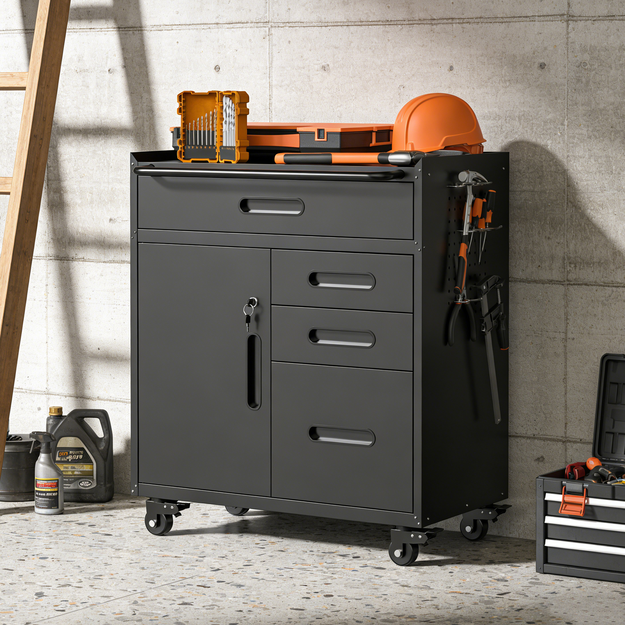 Armoire de rangement mobile 34.3 po - organisateur de garage avec compartiments verrouillables et 4 tiroirs