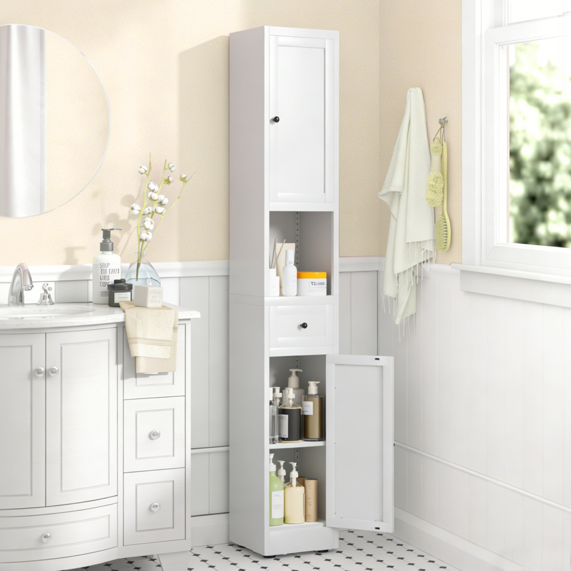 Armoire salle bain 71 po, 5 étages métal, 2 portes, tablettes ajustables, blanc