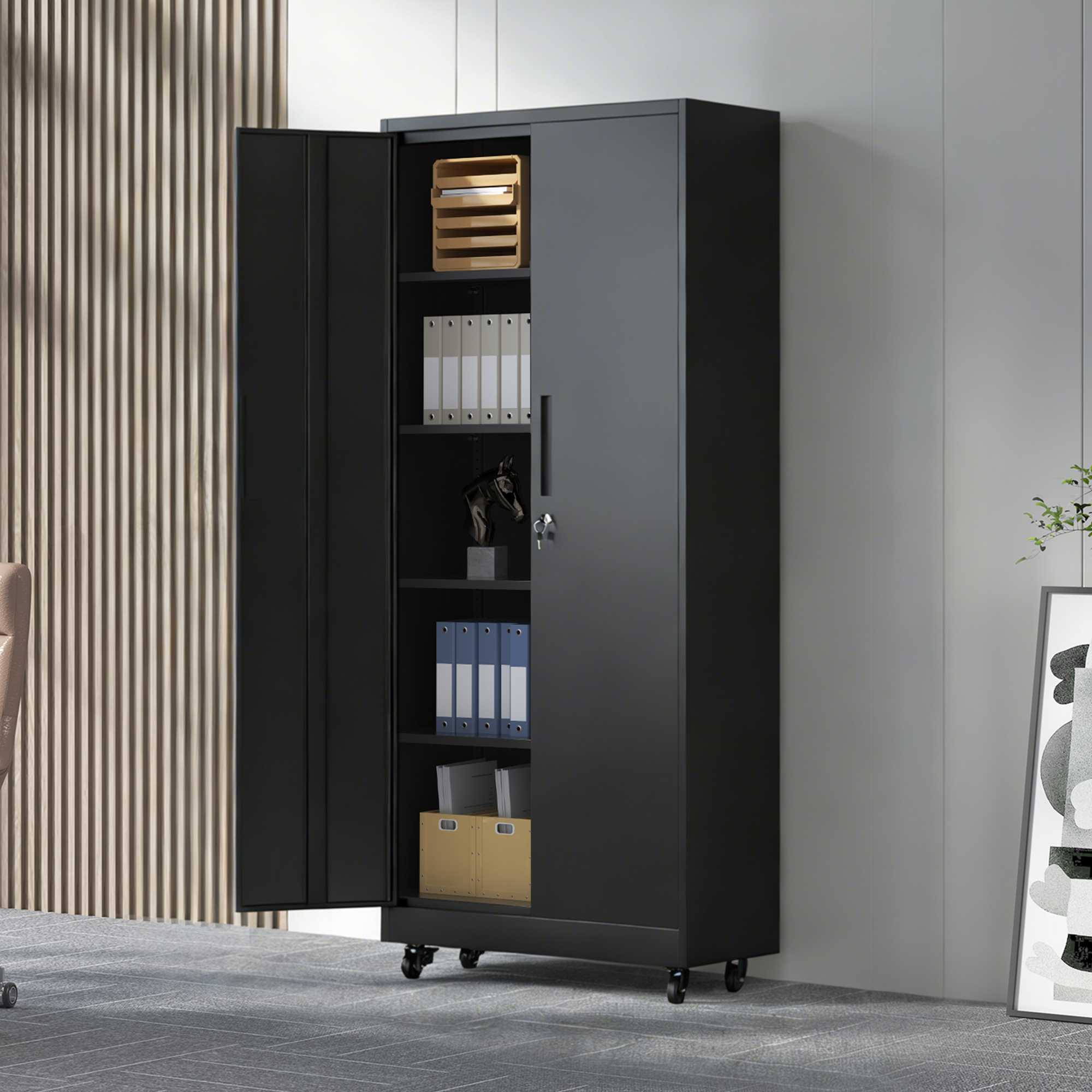 Armoire Garage 71po Métal Roulettes Verrou 4 Tablettes