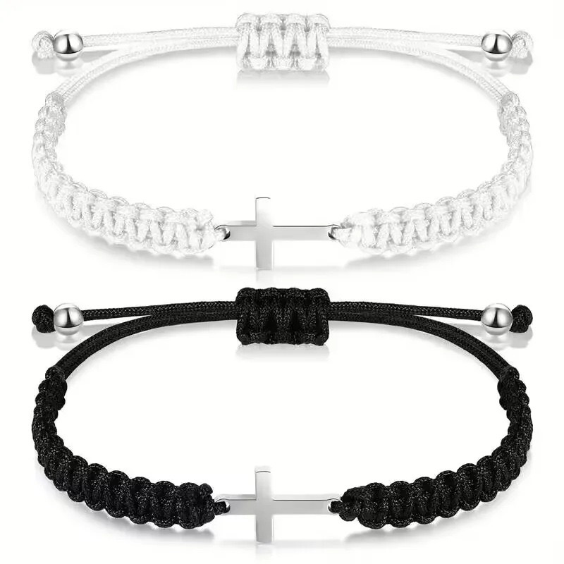 Bracelet couple croix noir blanc tissé ajustable