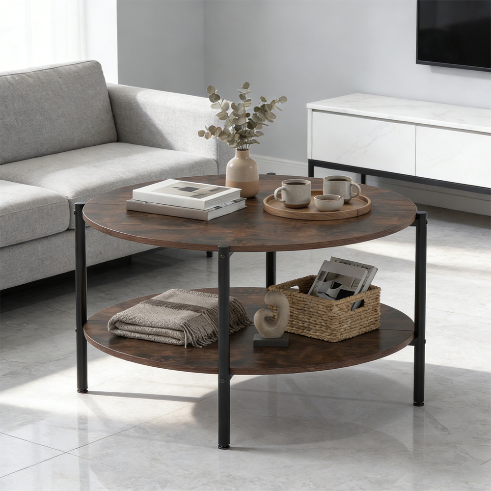 Table basse ronde 2 étages industriel rangement ouvert