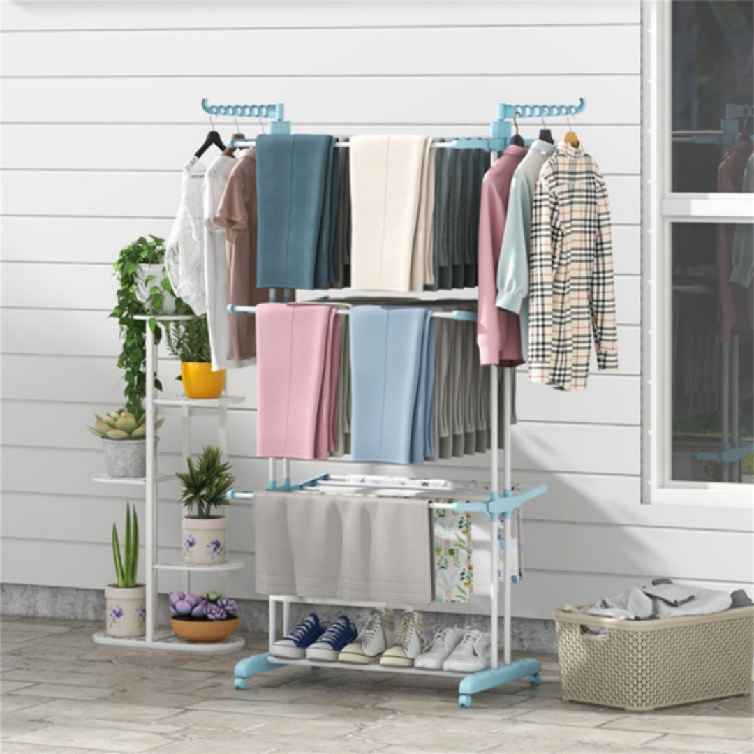 Séchoir linge 4 étages pliable bleu, roulettes, acier robuste