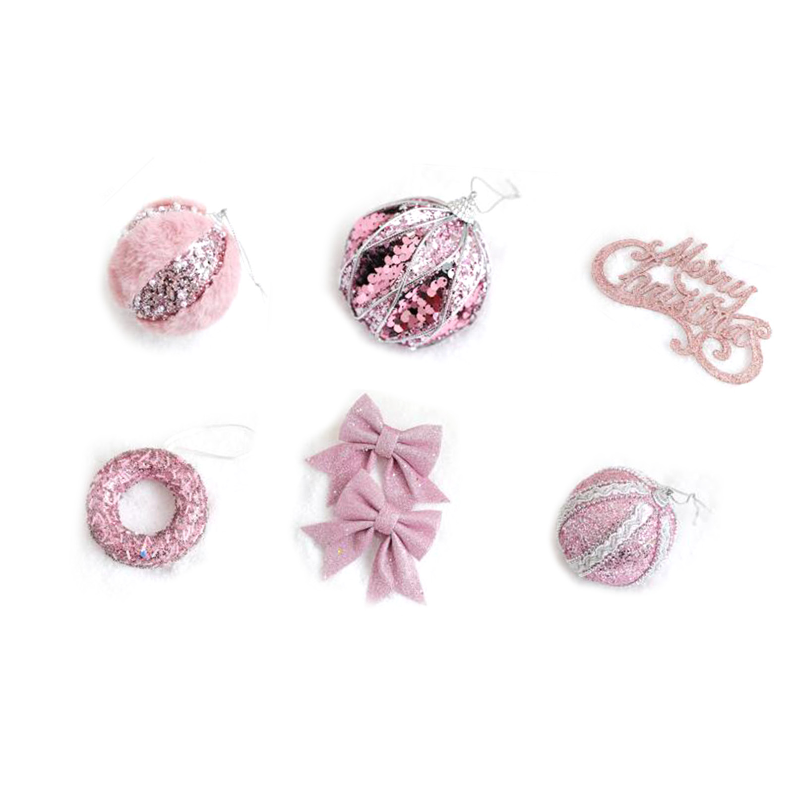 6 boules paillettes Noël, arc, lettre, rose
