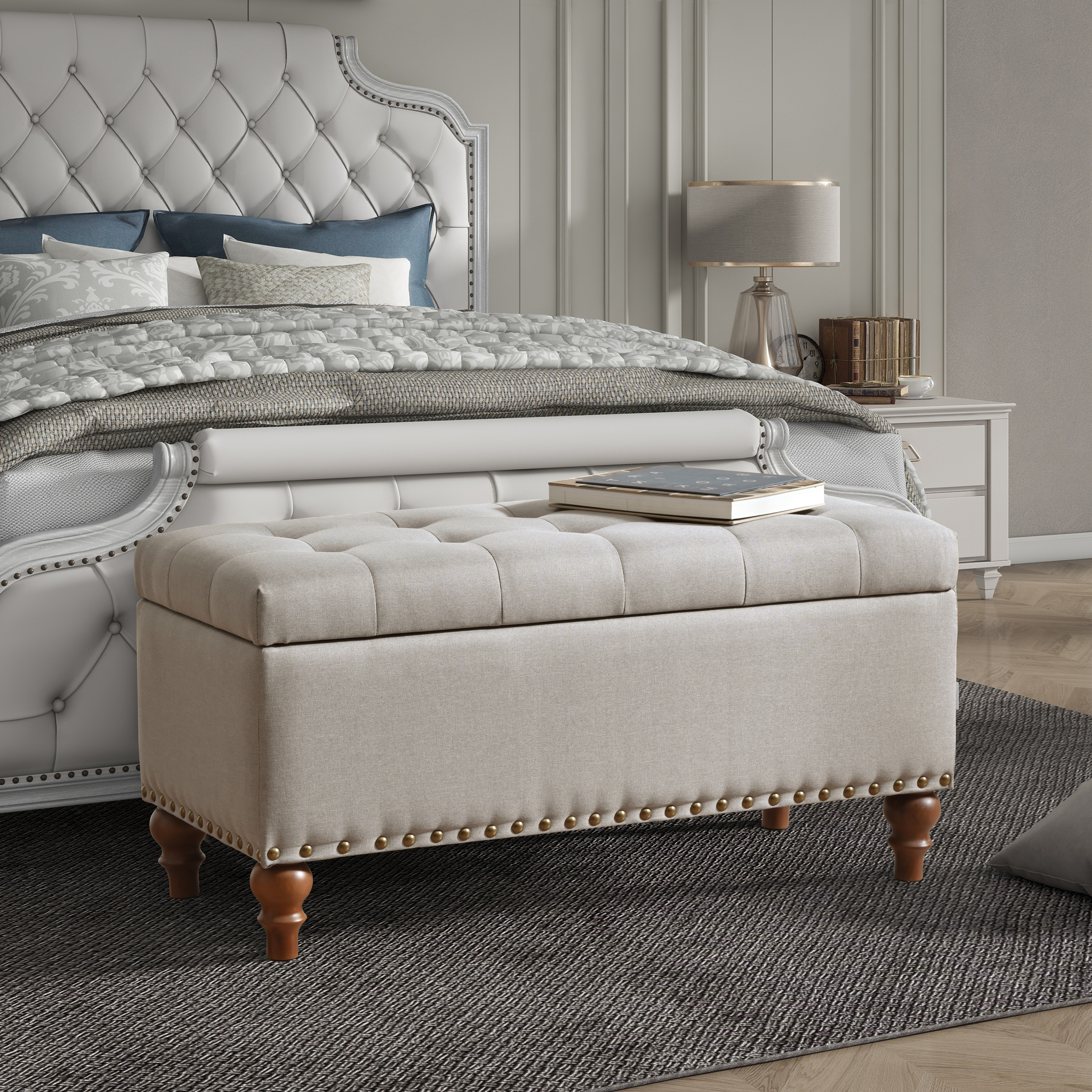 Banc ottomane beige lin, charnière ressort