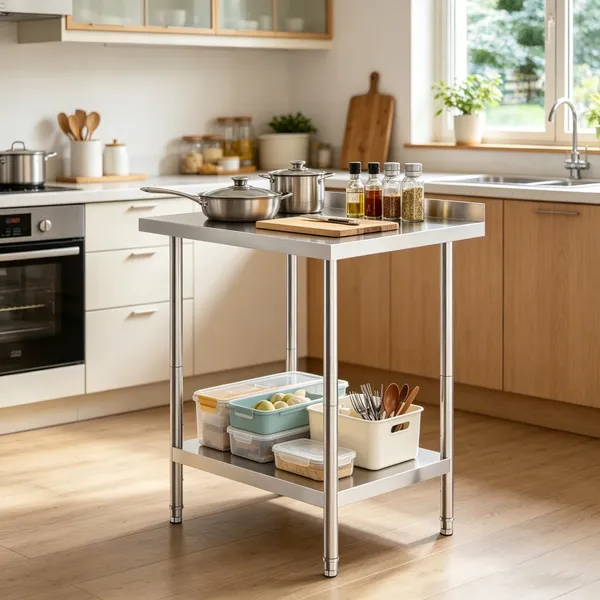 Table travail métal nettoyage facile, tablettes ajustables