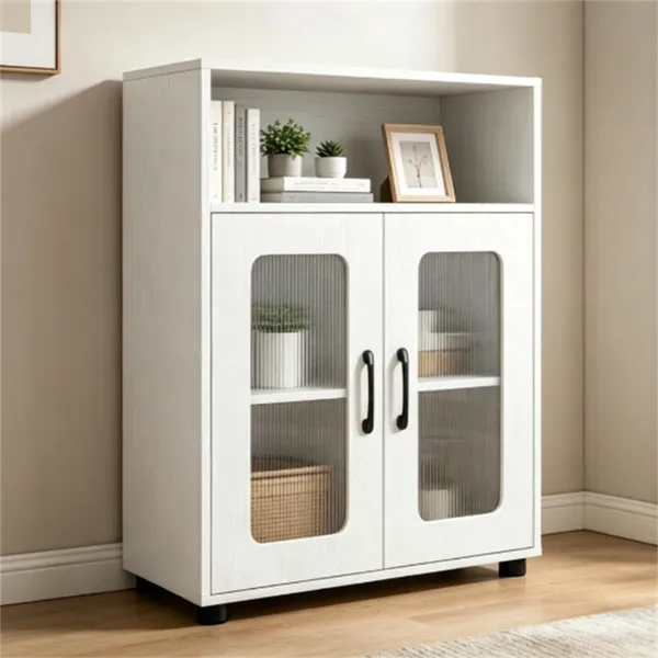 Meuble lavabo bois moderne blanc, ouvert, anti-basculement