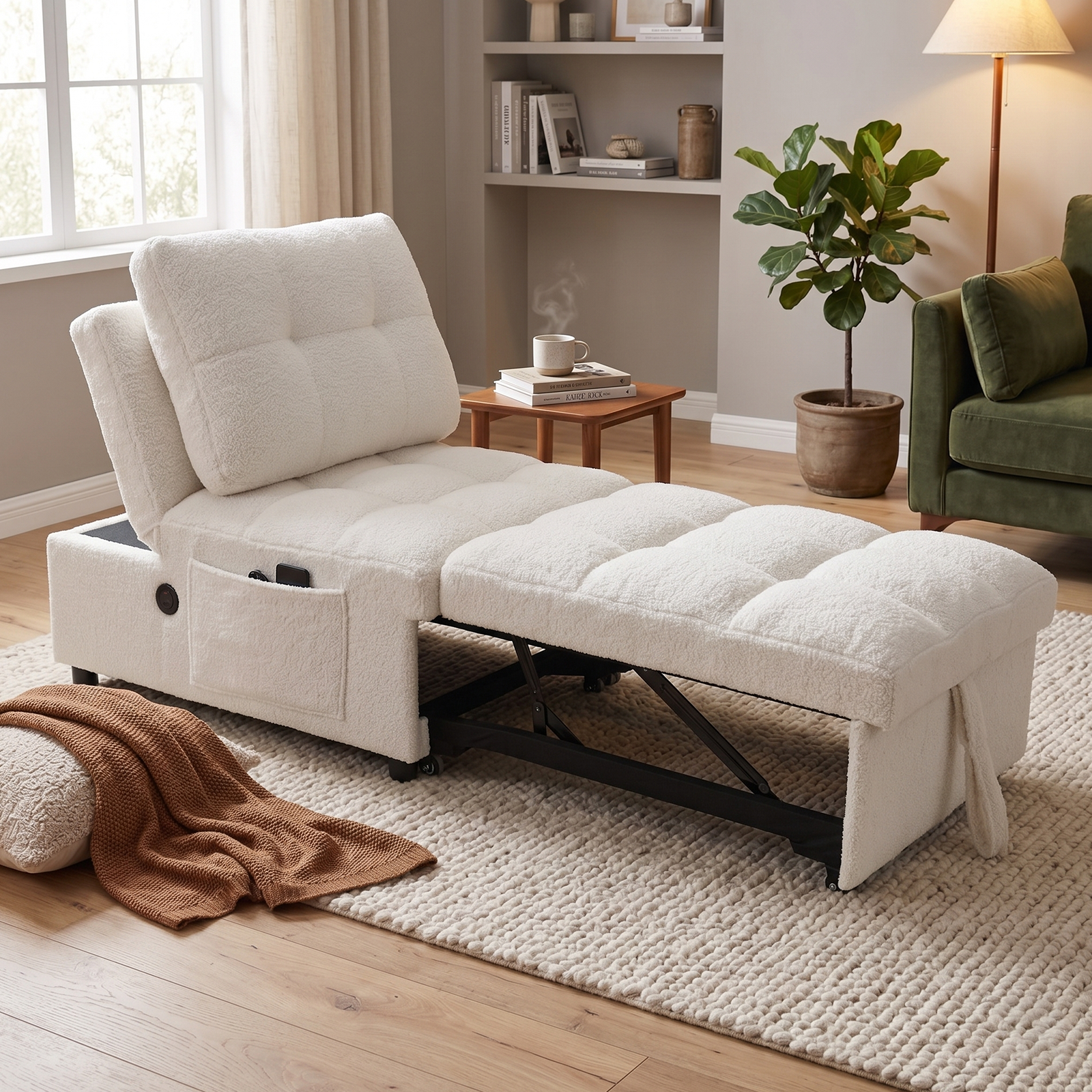 Sofa lit 1 place sans bras, tissu teddy, port USB, gris