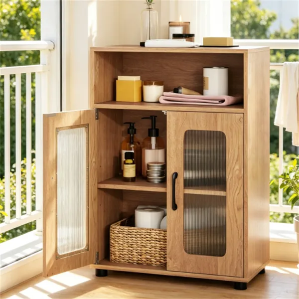 Meuble lavabo bois moderne naturel, ouvert, anti-basculement