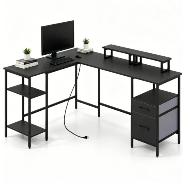Bureau en L avec station charge, support moniteur, tiroirs