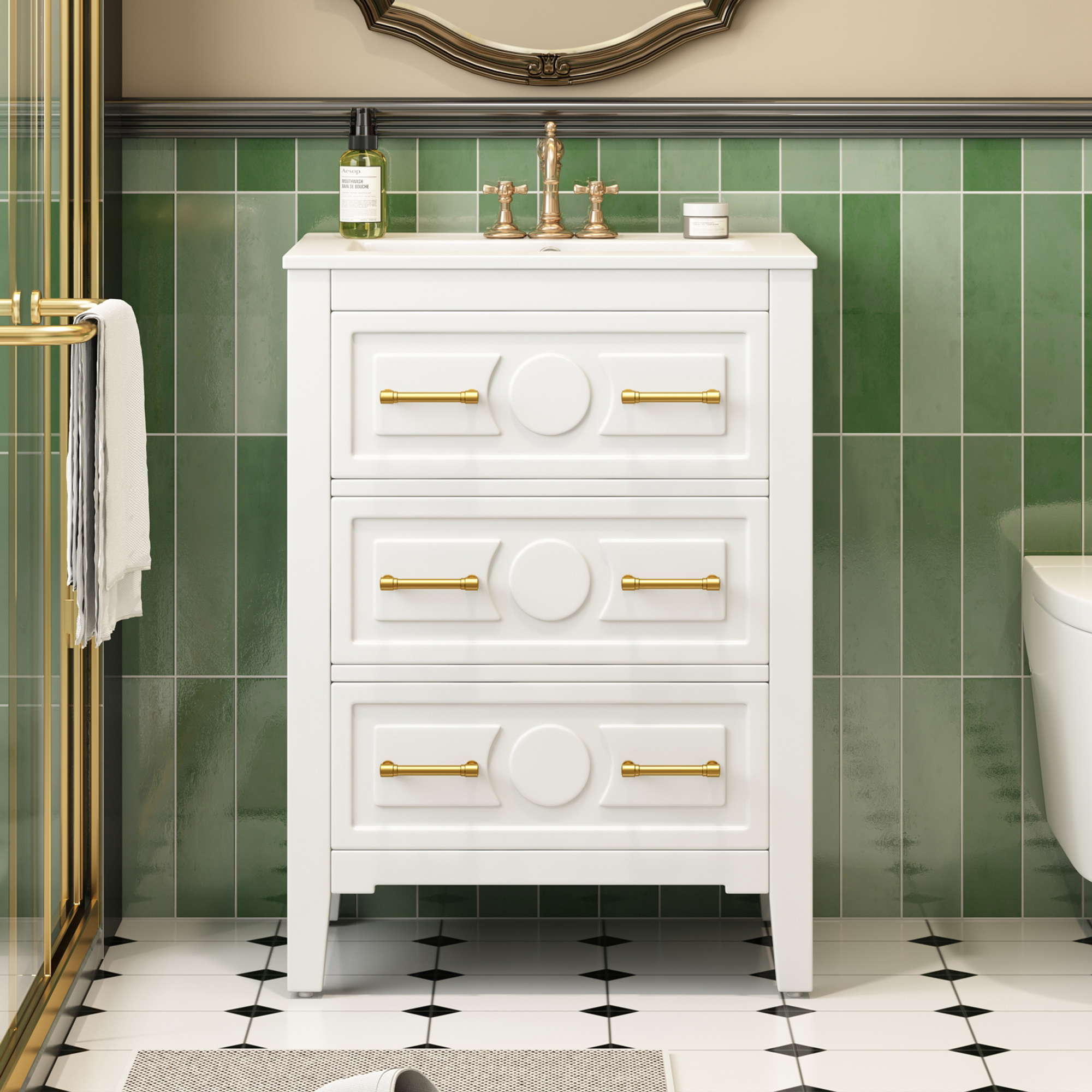 Meuble vanité 24 po, céramique, 3 tiroirs, blanc, bois massif