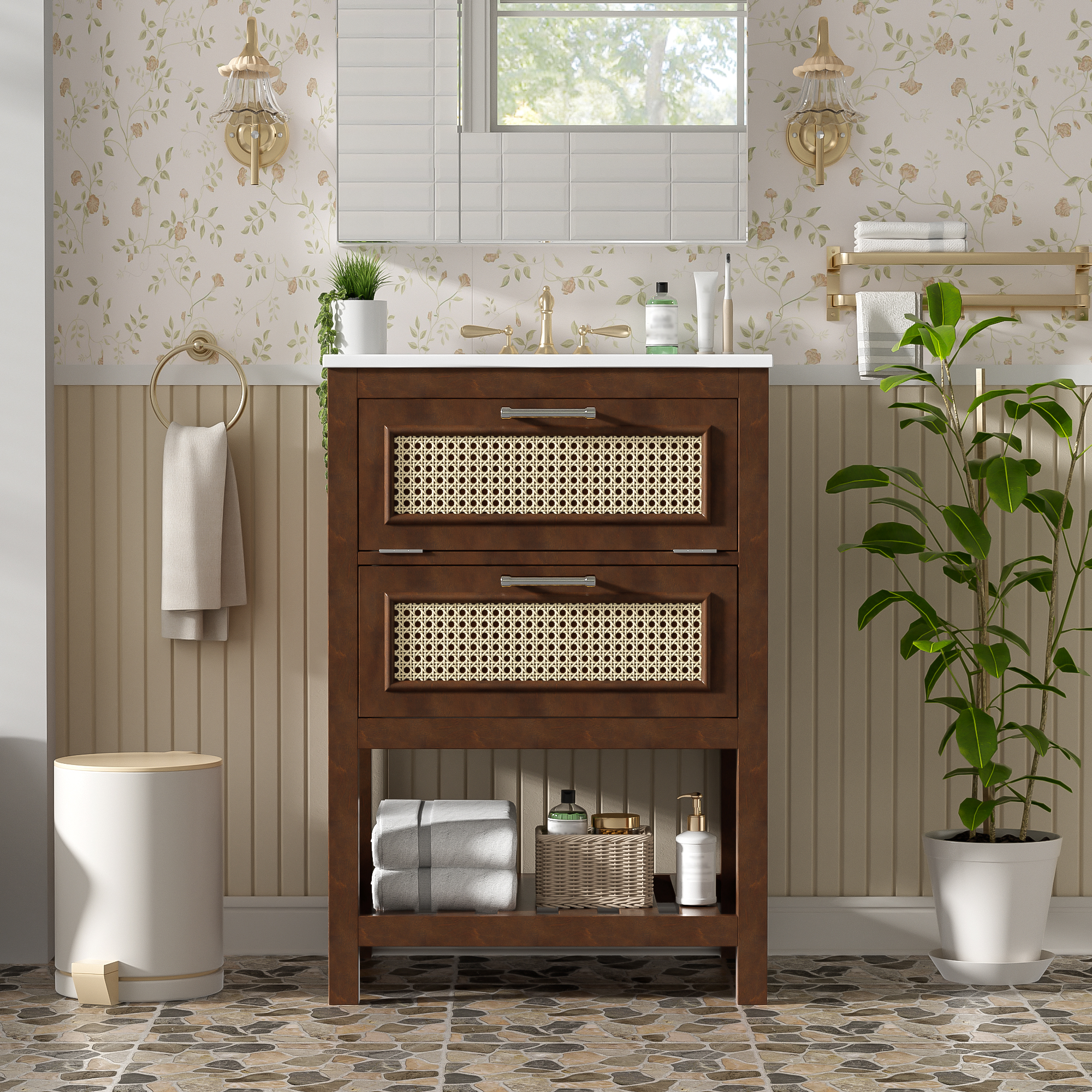 Meuble salle de bain 24" - Évier céramique intégré, 2 tiroirs