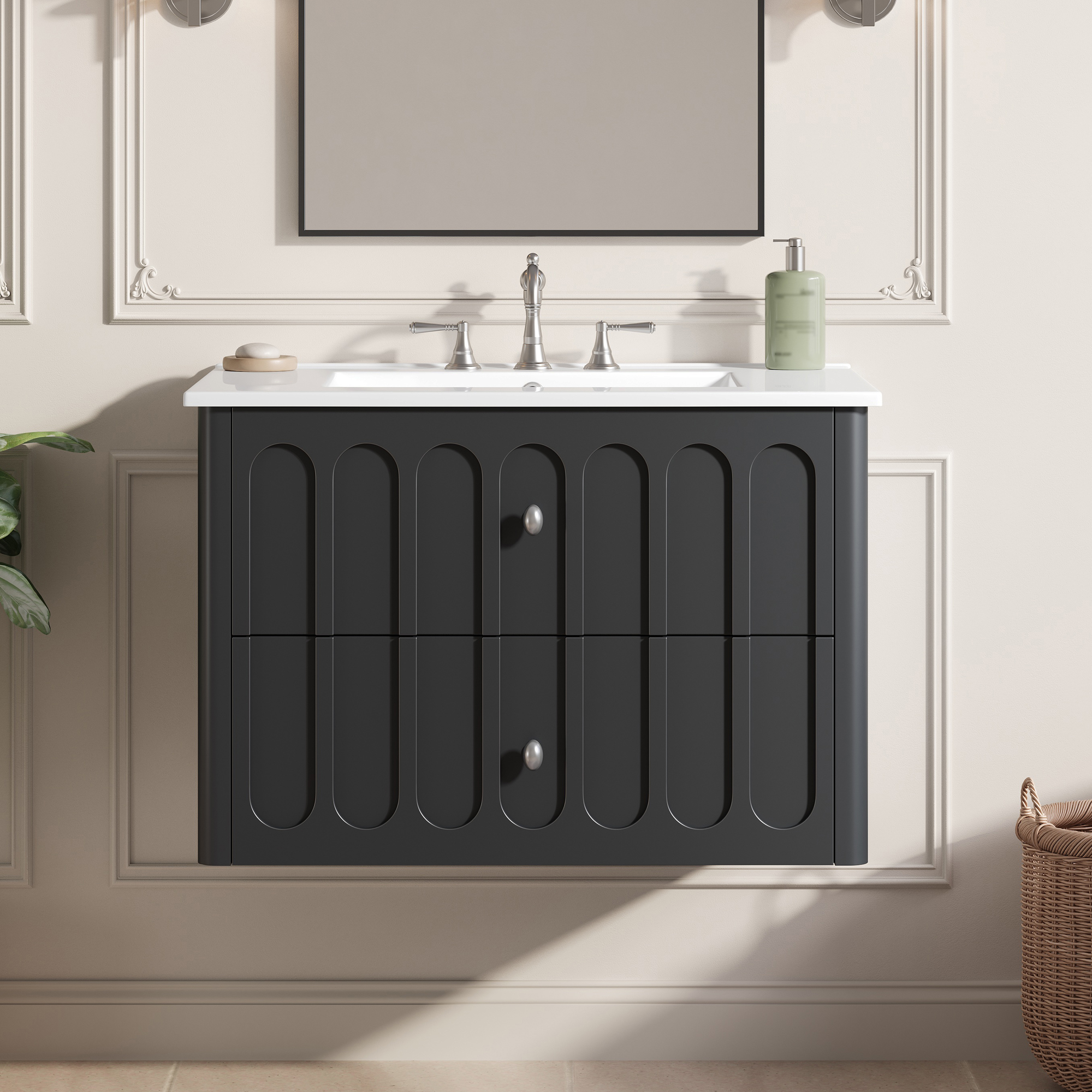 Vanité flottante 30" moderne, lavabo céramique, tiroirs fermeture douce