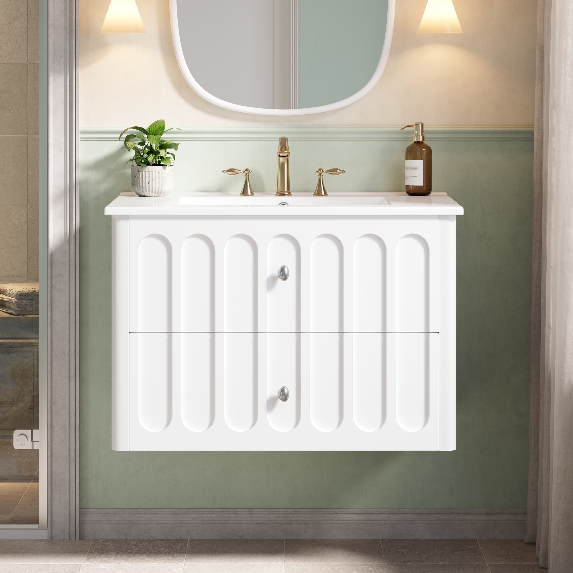 Vanité flottante 30" moderne, lavabo céramique, tiroirs fermeture douce