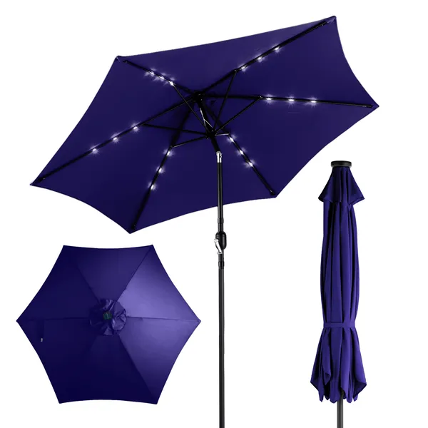 Parasol patio 9 pi LED solaire bouton inclinaison bleu marine imperméable