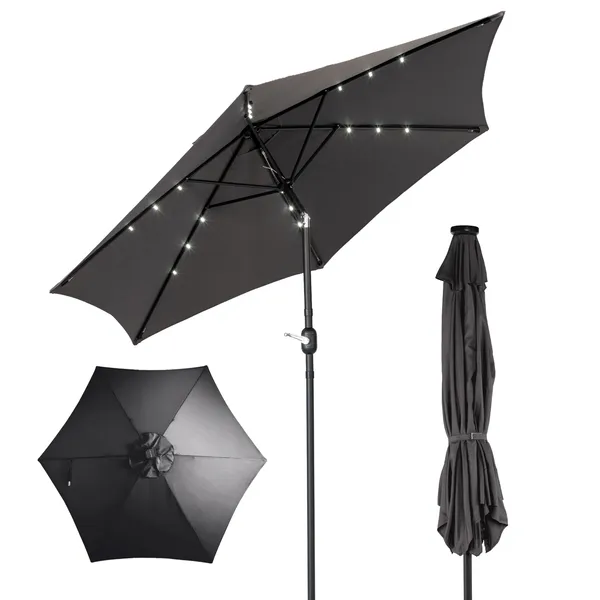 Parasol patio 9 pi LED solaire bouton inclinaison gris imperméable