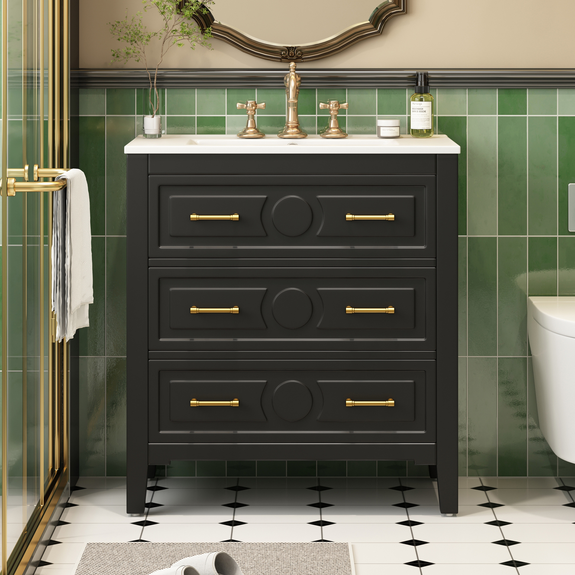 Vanité salle bain 30po lavabo céramique 3 tiroirs bois noir