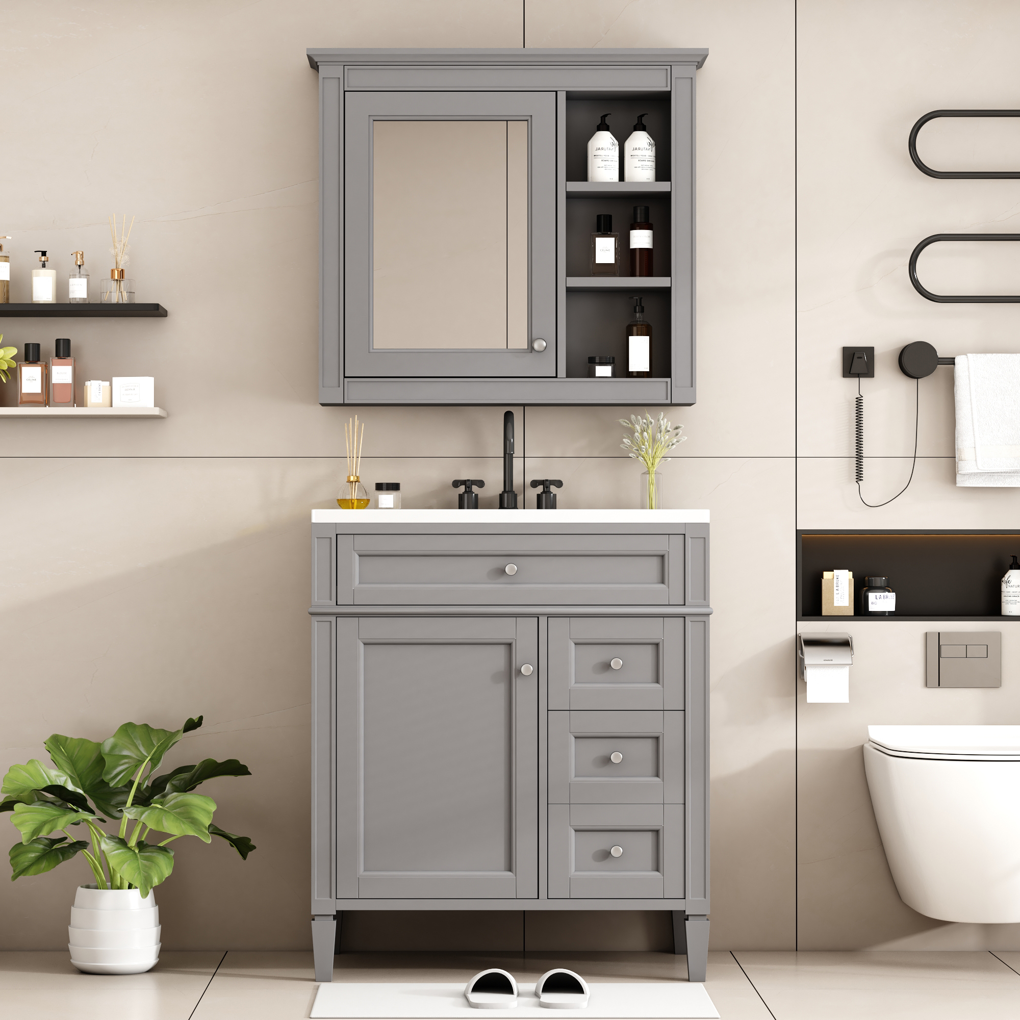 Vanité salle de bain 30" 2 tiroirs miroir-armoire blanc