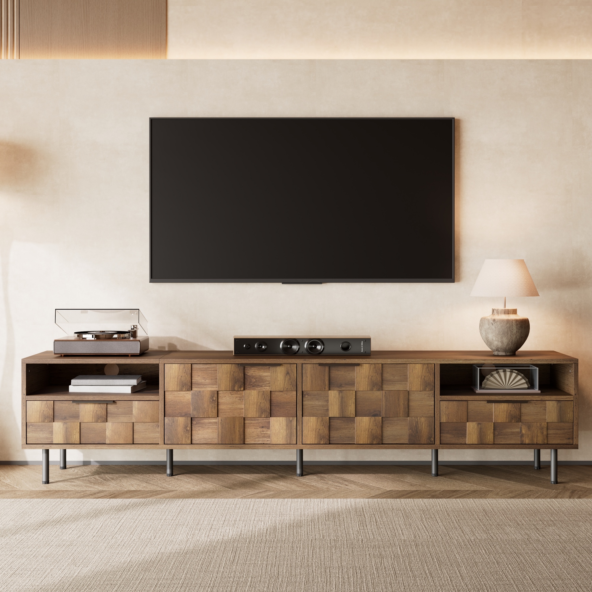Meuble TV mi-siècle 2 tiroirs, console divertissement