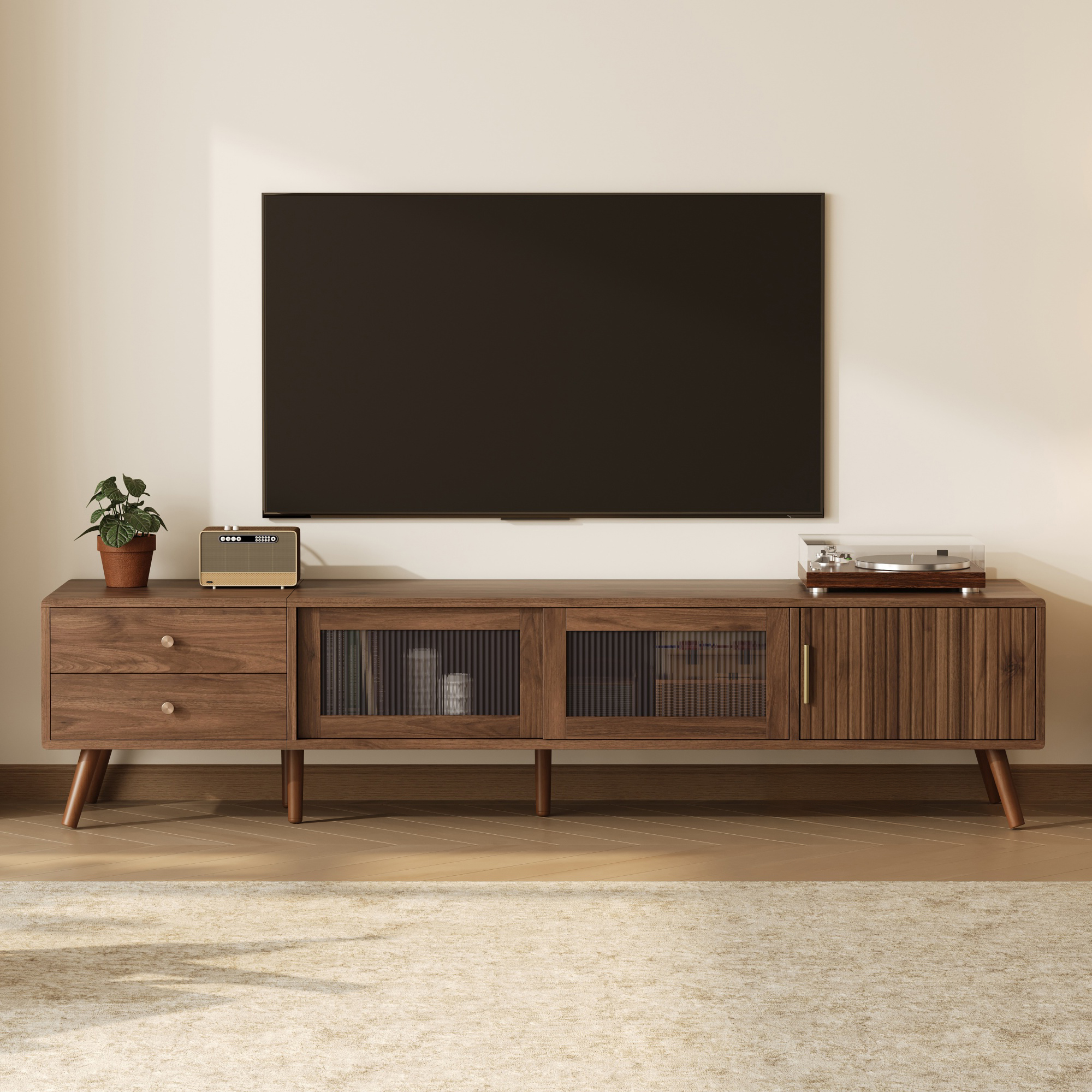 Meuble TV 76po verre moderne, centre divertissement, bois grain