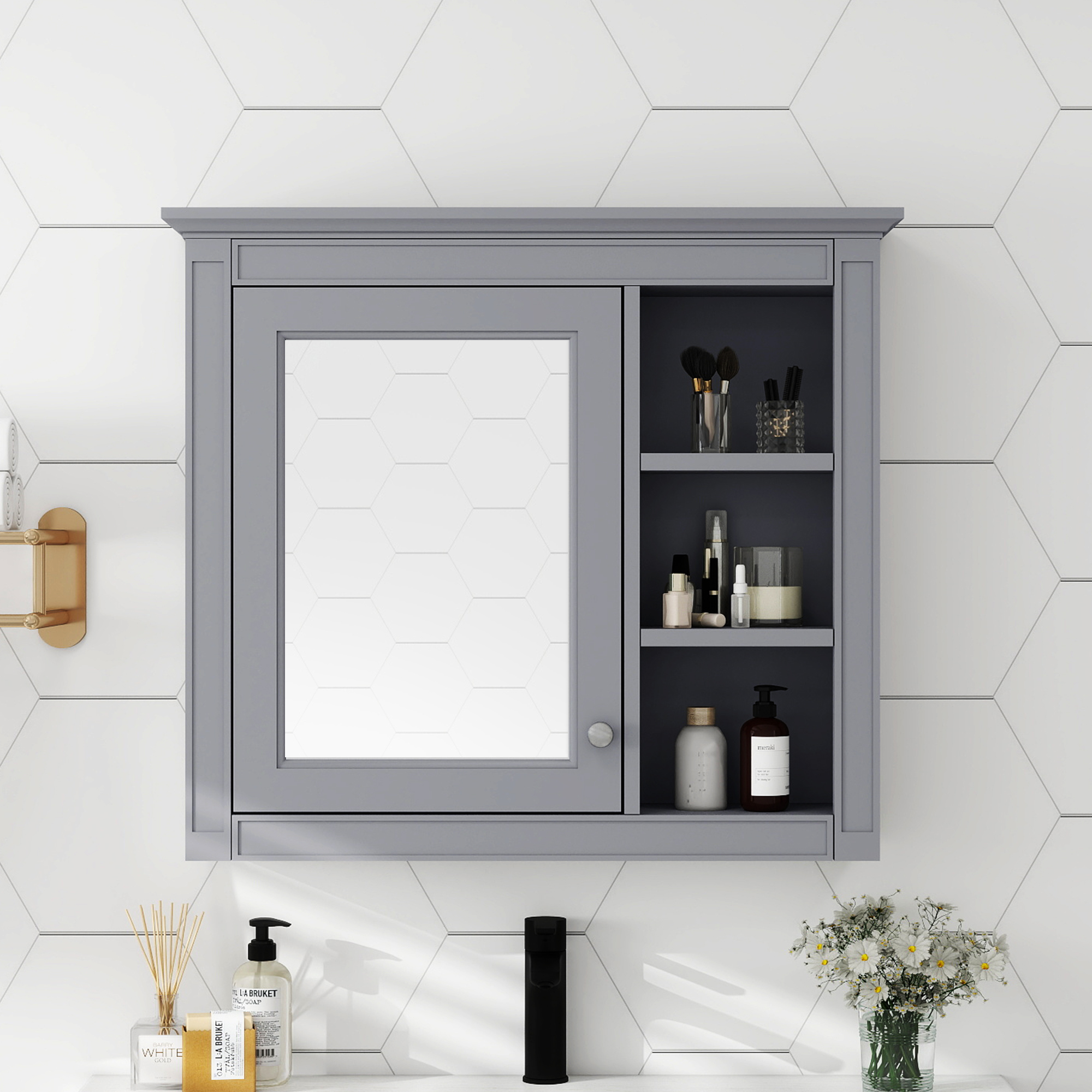 Armoire de pharmacie 30x28po murale salle bain moderne 3 tablettes miroir