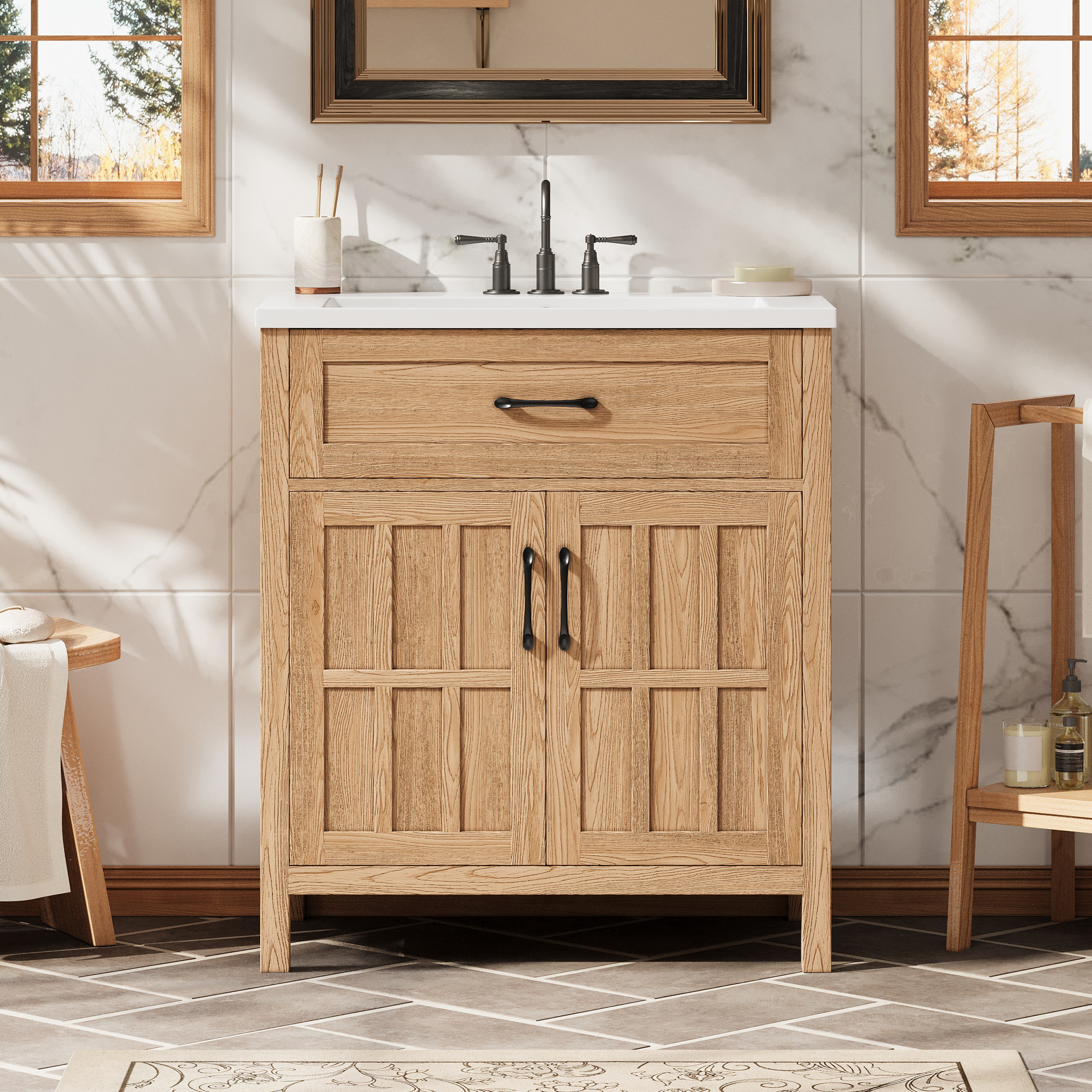 Vanité salle bain 30po bois massif, lavabo résine, étagère réglable