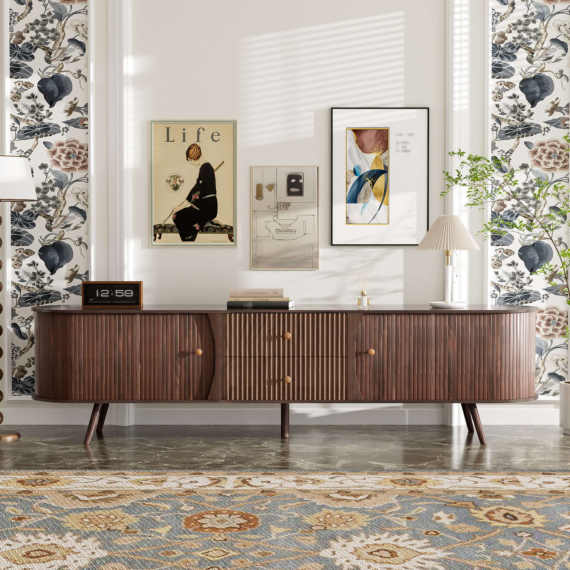 Meuble TV 70po mid-century moderne, portes tambour, 80po TV