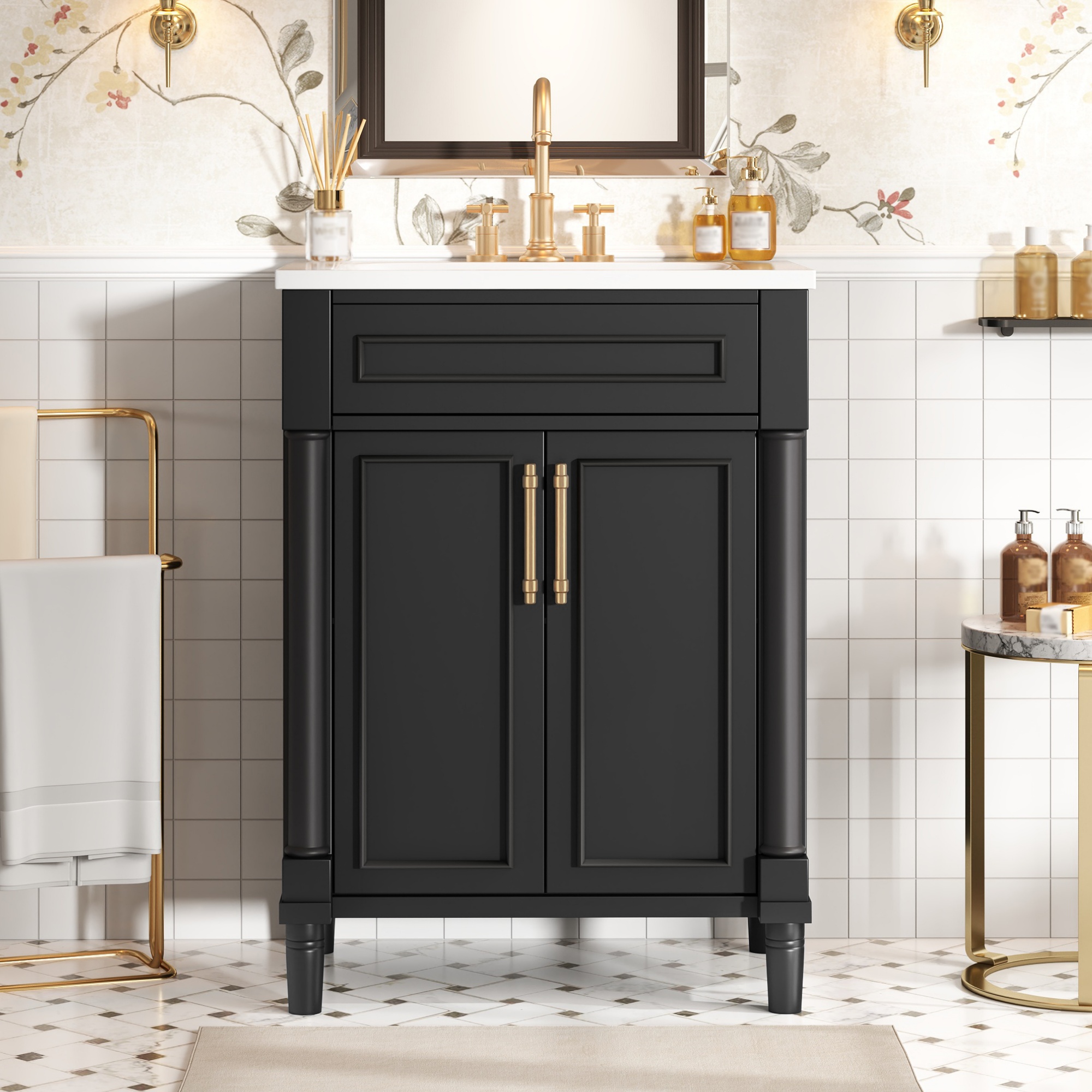 Meuble lavabo 24'', évier céramique intégré, 2 portes
