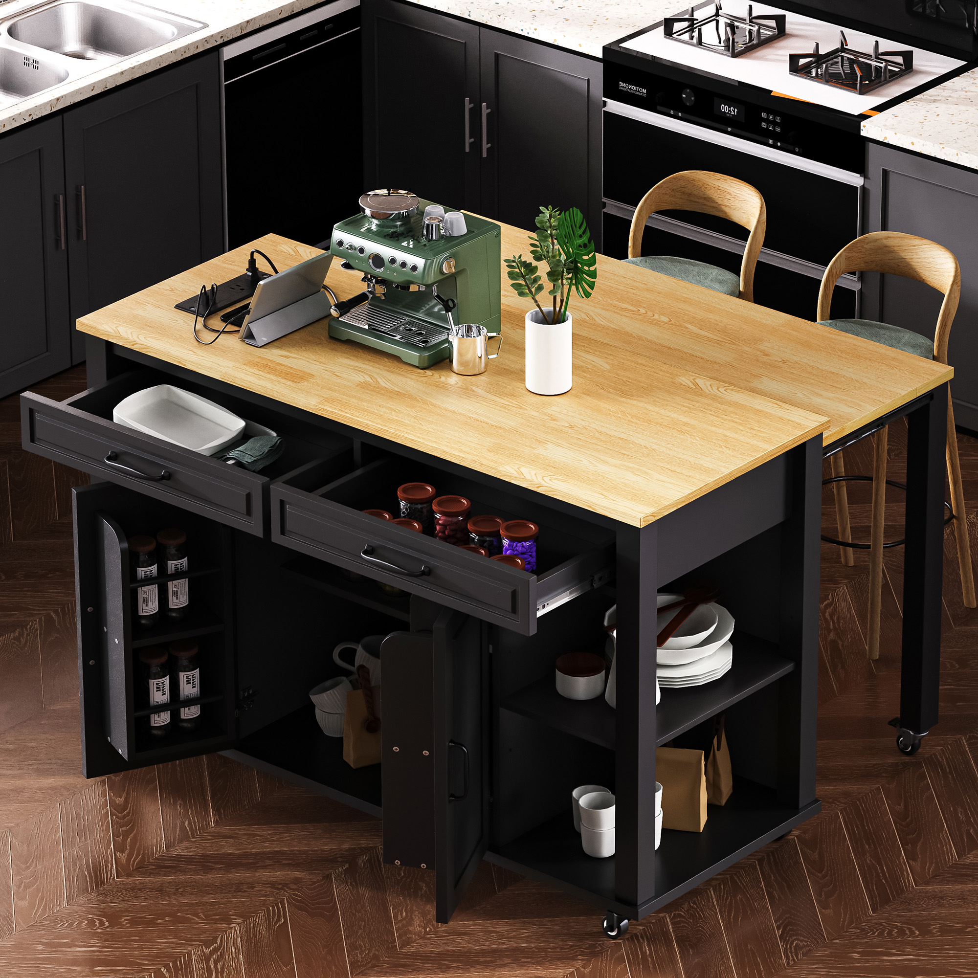 Îlot K&K 47po table extensible rangement 2 tiroirs