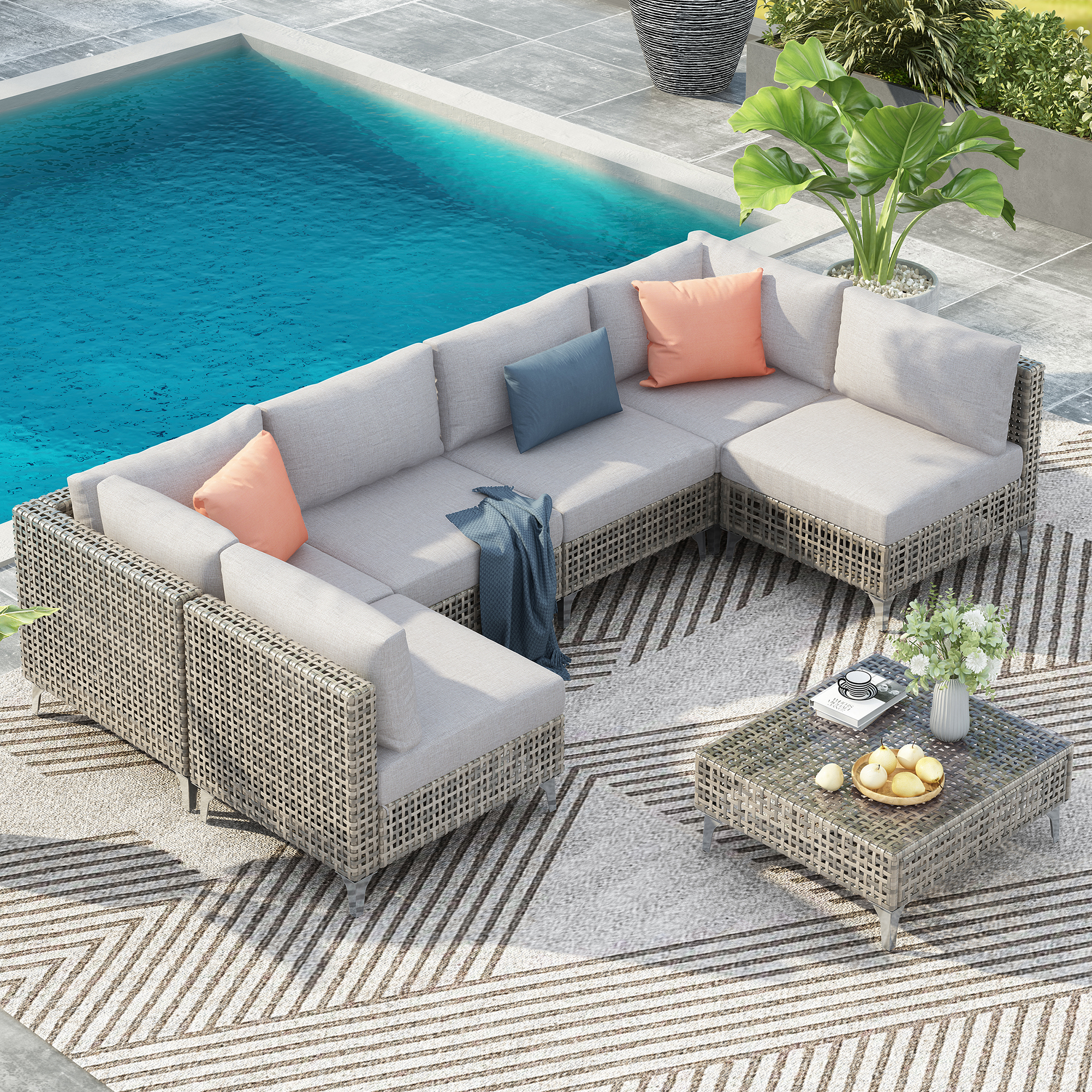 K&K Ensemble patio rotin 7pc, canapé conversation, coussins gris épais