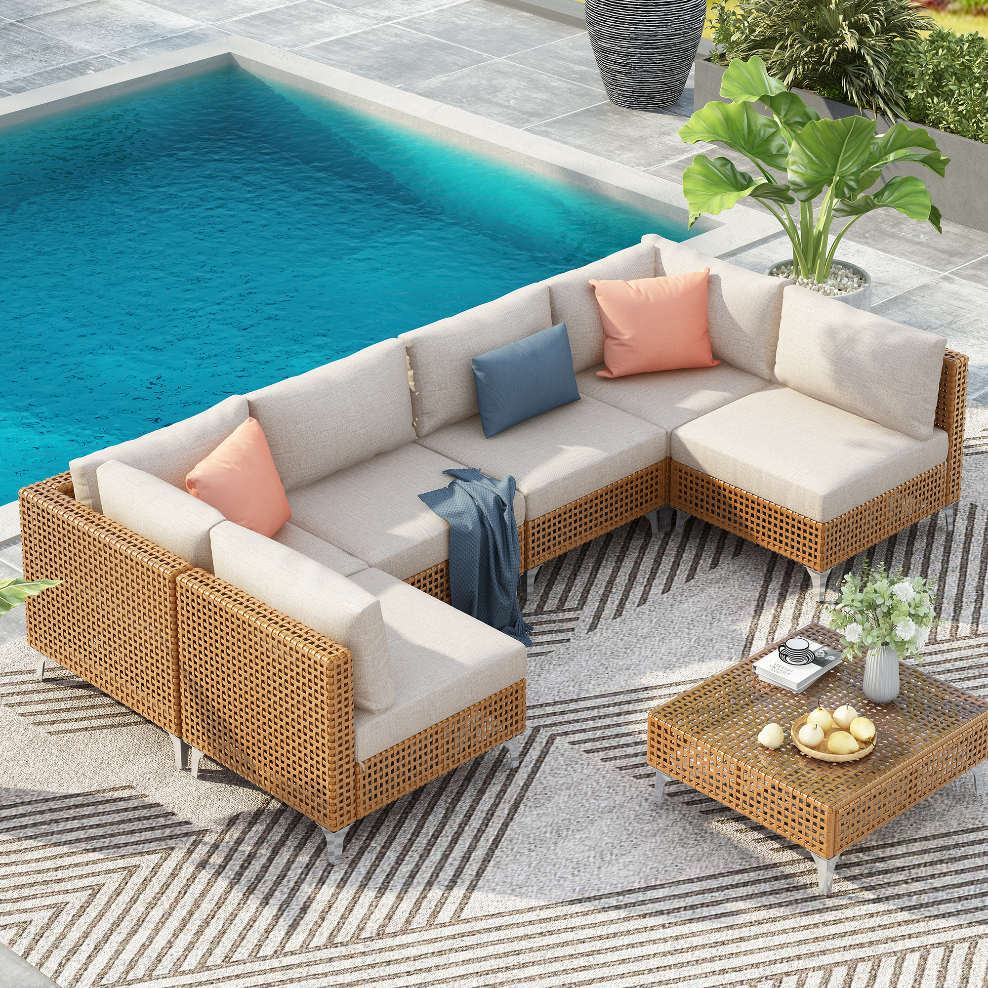 Ensemble patio 7 pièces osier K&K sofa conversation coussins