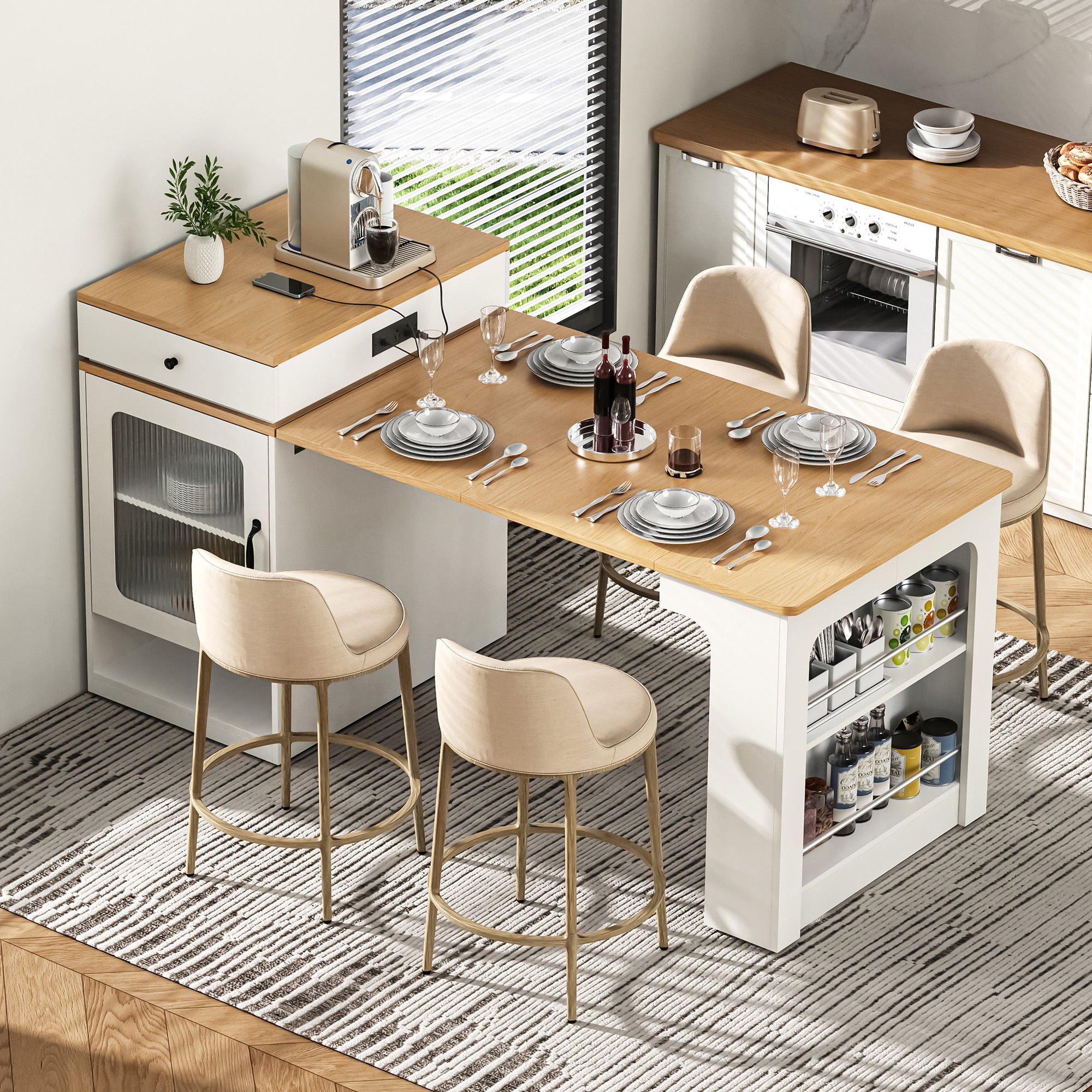 Îlot K&K 59,5" table extensible, rangement, 2 tiroirs, blanc