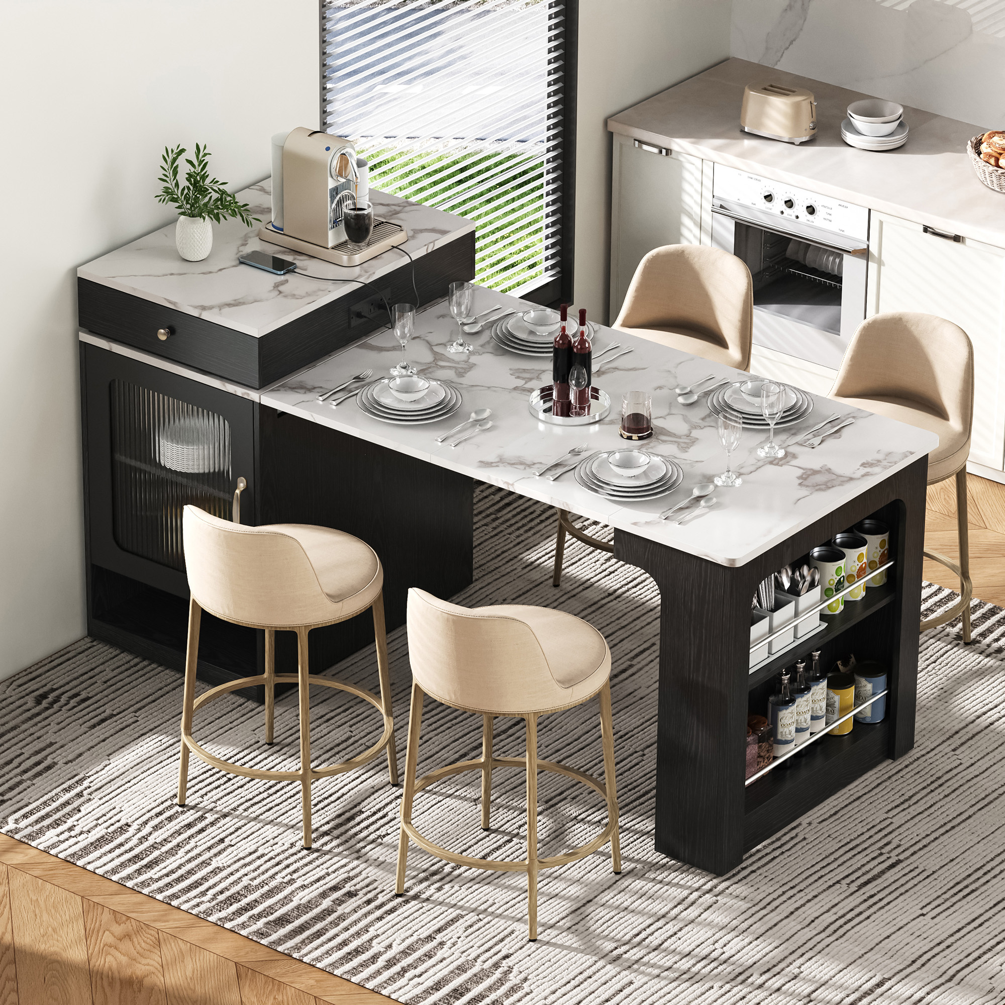 Îlot cuisine K&K 59,5po table extensible noir