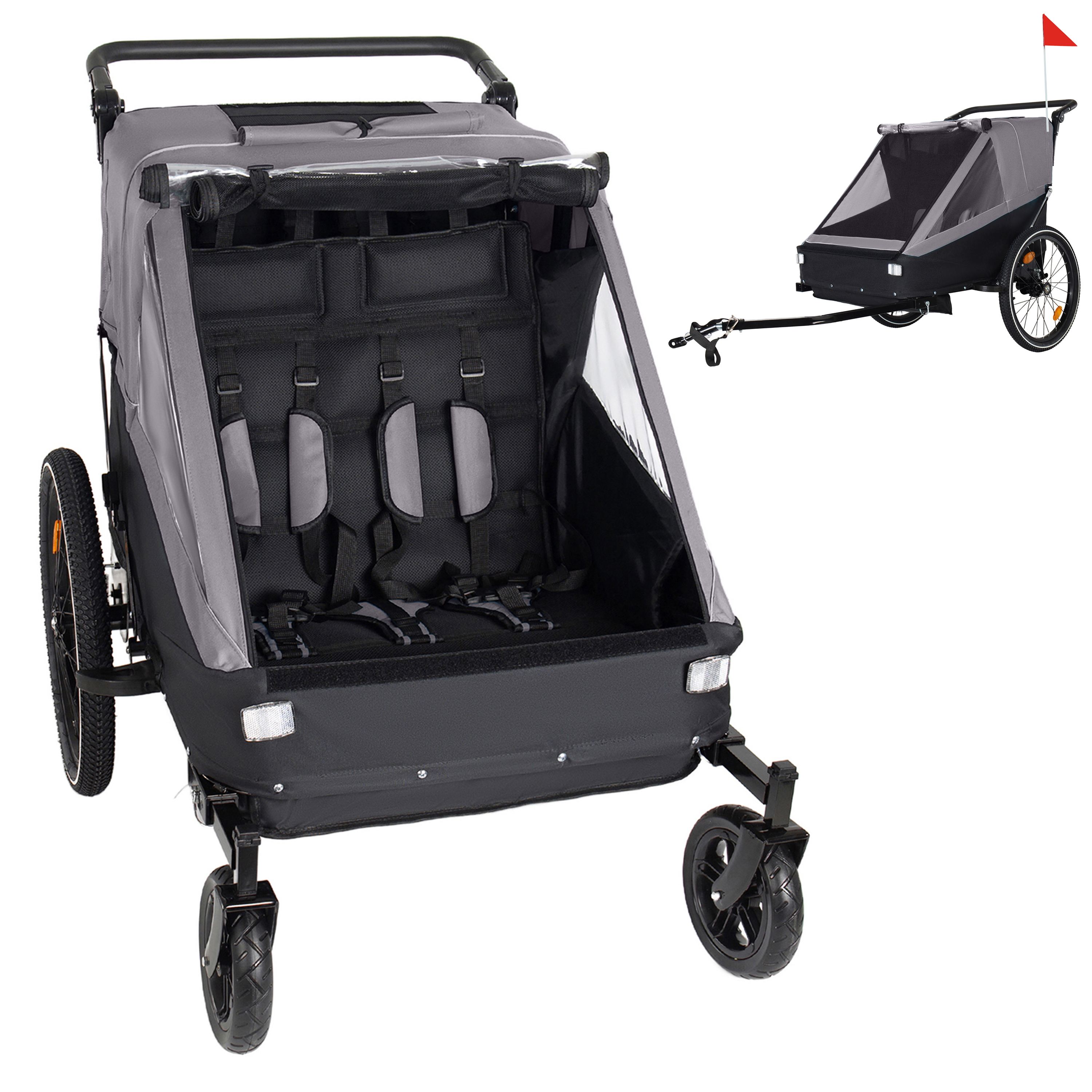 Remorque vélo enfants 2en1 jogging 1-2 enfants, pliable, gris