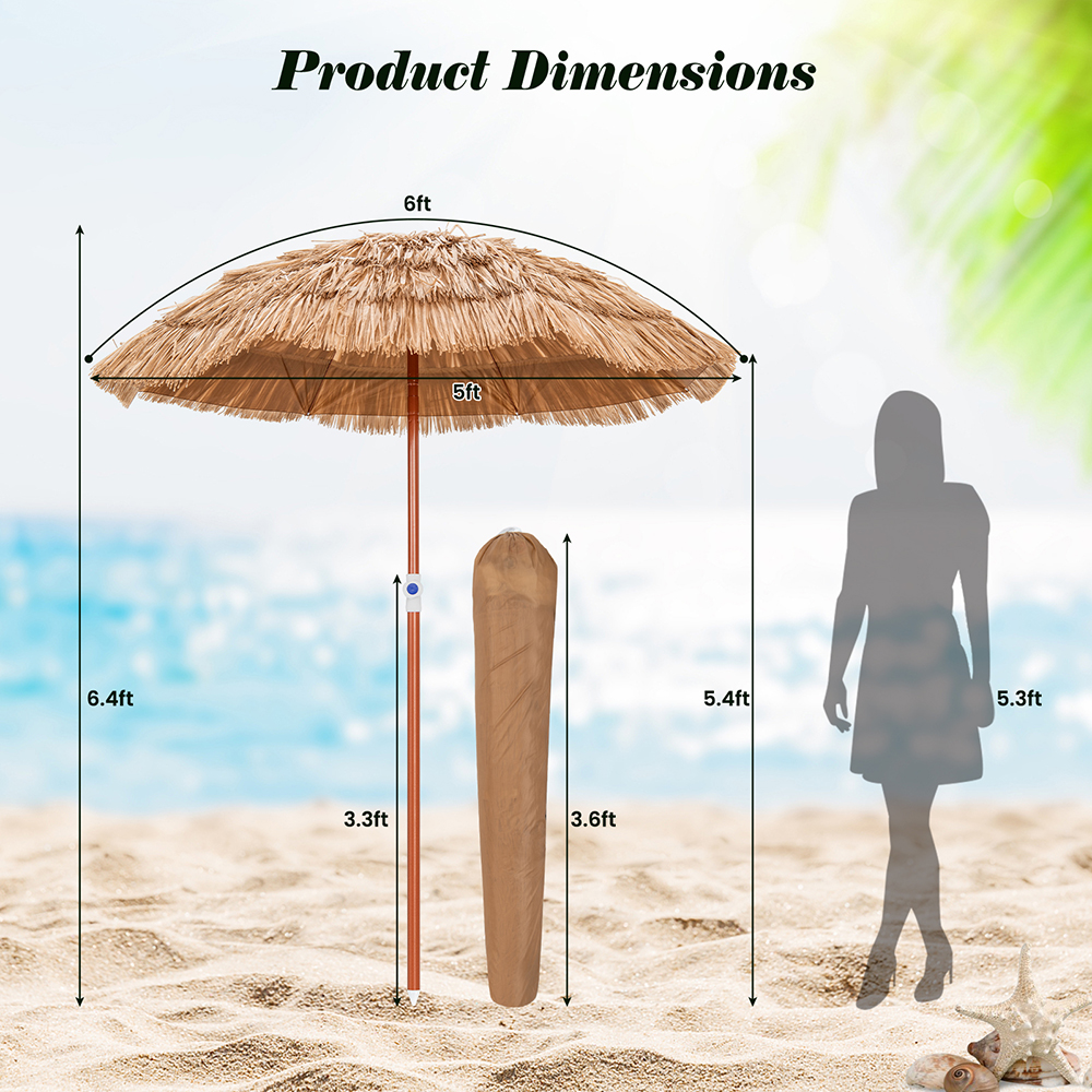 Parasol patio chaume 6 pieds inclinaison 8 nervures métal