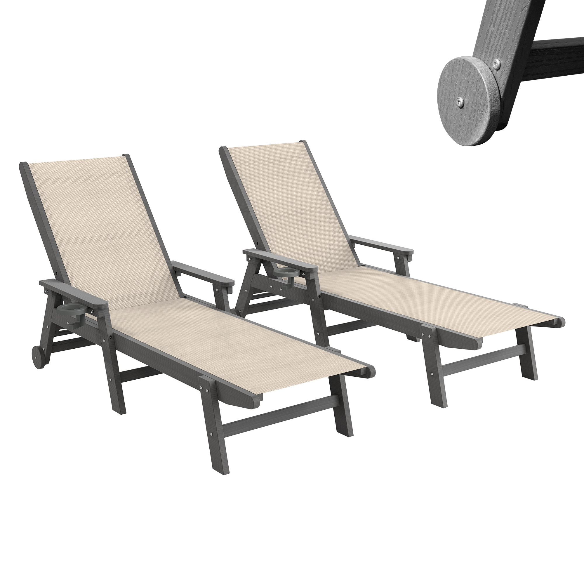 Ensemble de 2 chaises longues de piscine HDPE avec roues, couleur kaki