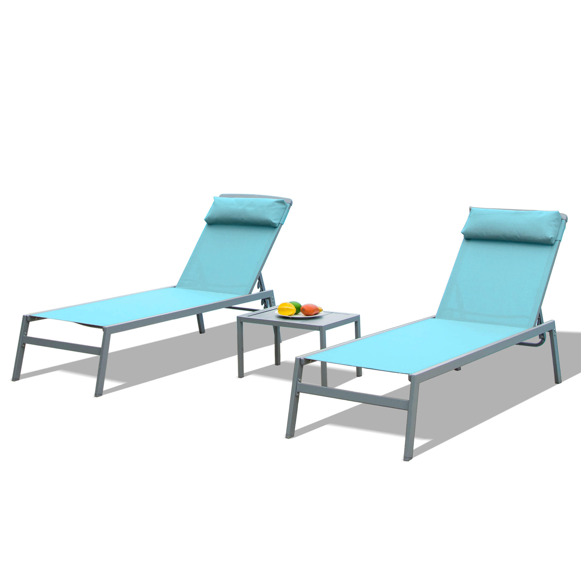 Ensemble chaise longue patio 3 pièces alu ajustable textilène bleu lac