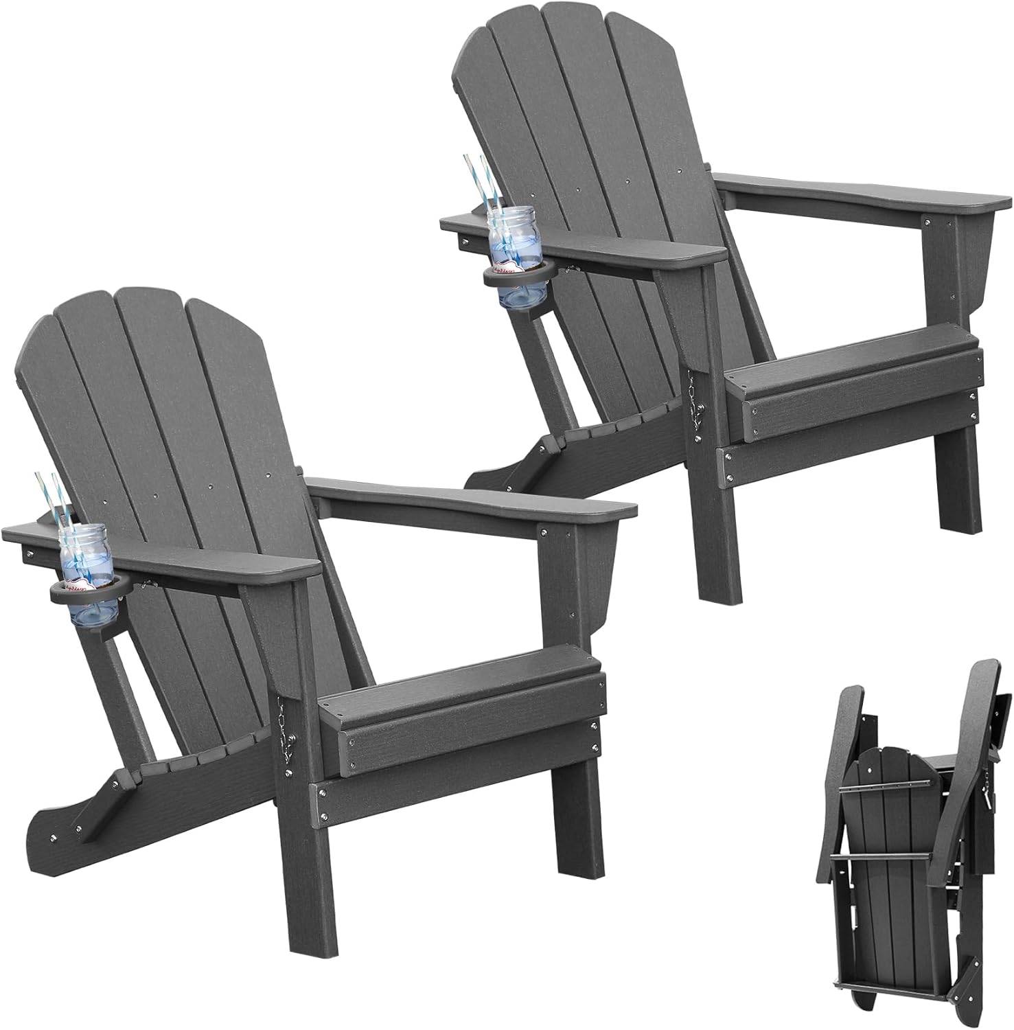 Ens. 2 chaises Adirondack plastique HDPE, porte-verre, gris