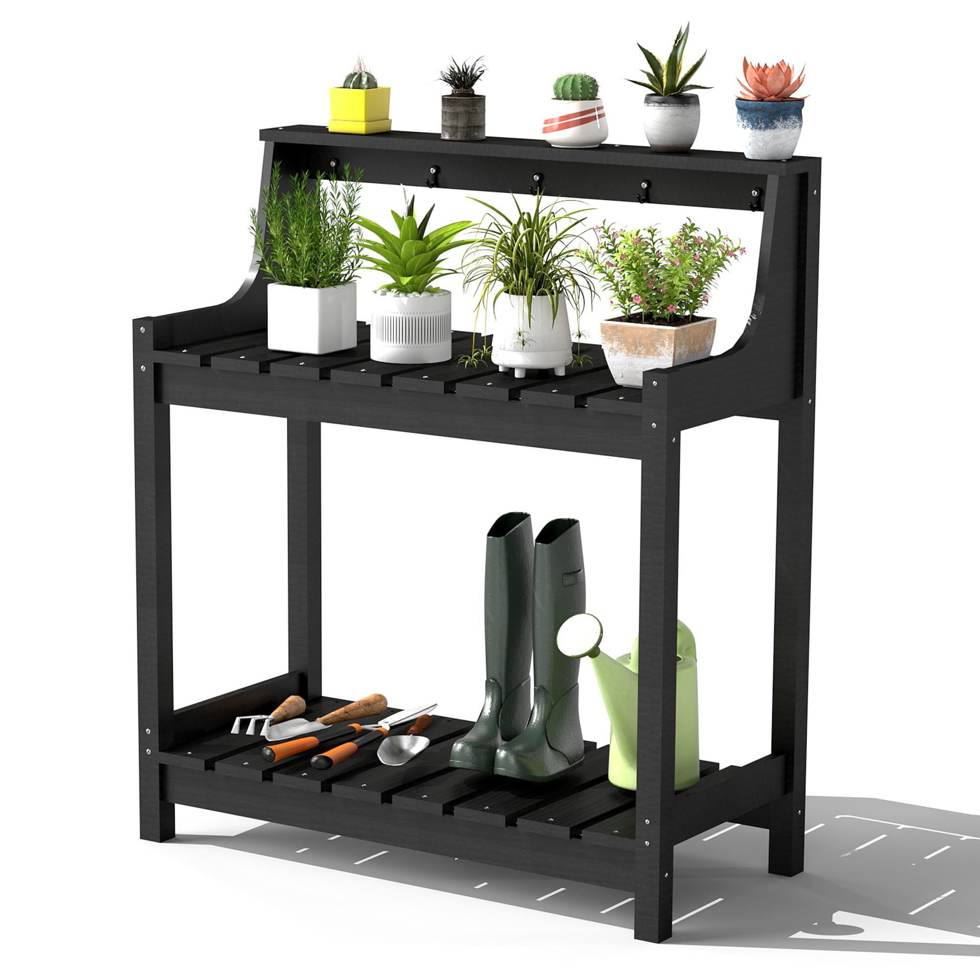 Table empotage extérieur HDPE, rangement patio jardin, noir