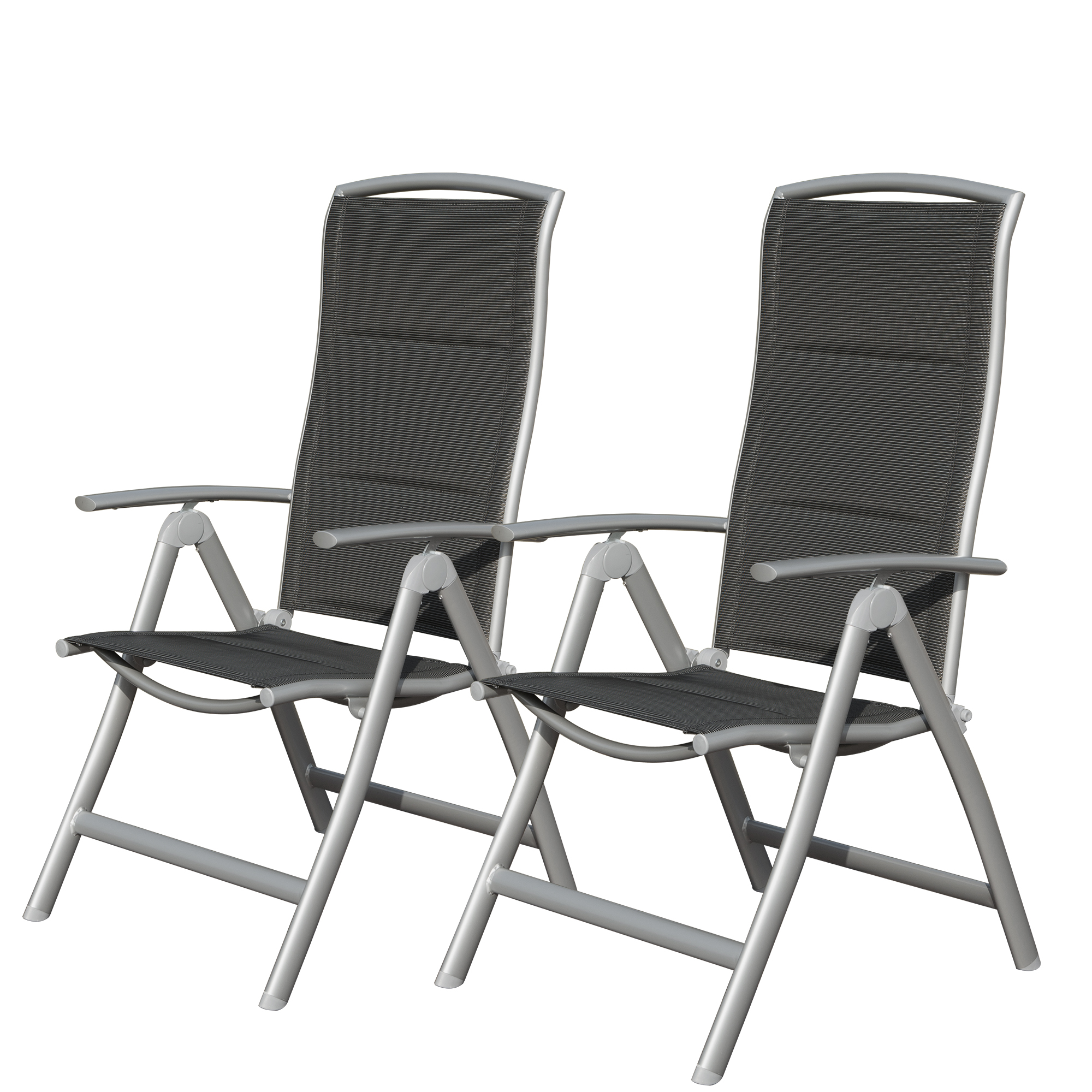 Ensemble 2 chaises patio alu, dossier haut, coussin coton, gris foncé