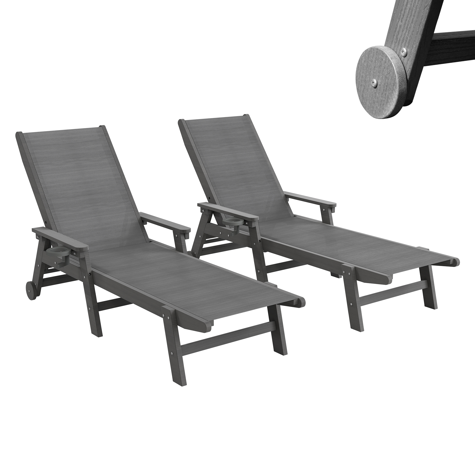 Chaises longues patio extérieur 2 pc, HDPE à roulettes, gris foncé
