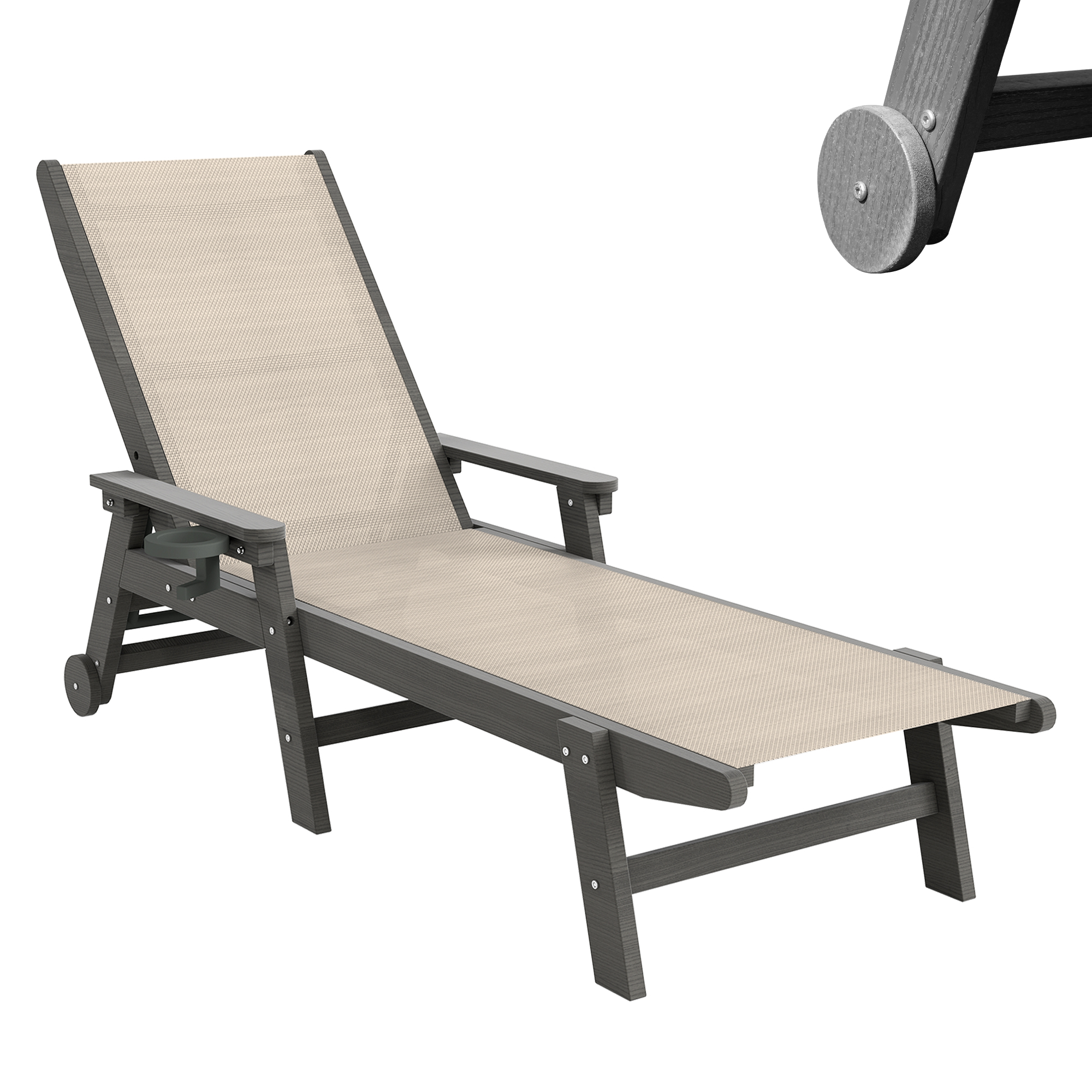 Chaise longue extérieur HDPE, roulettes, 5 positions, kaki