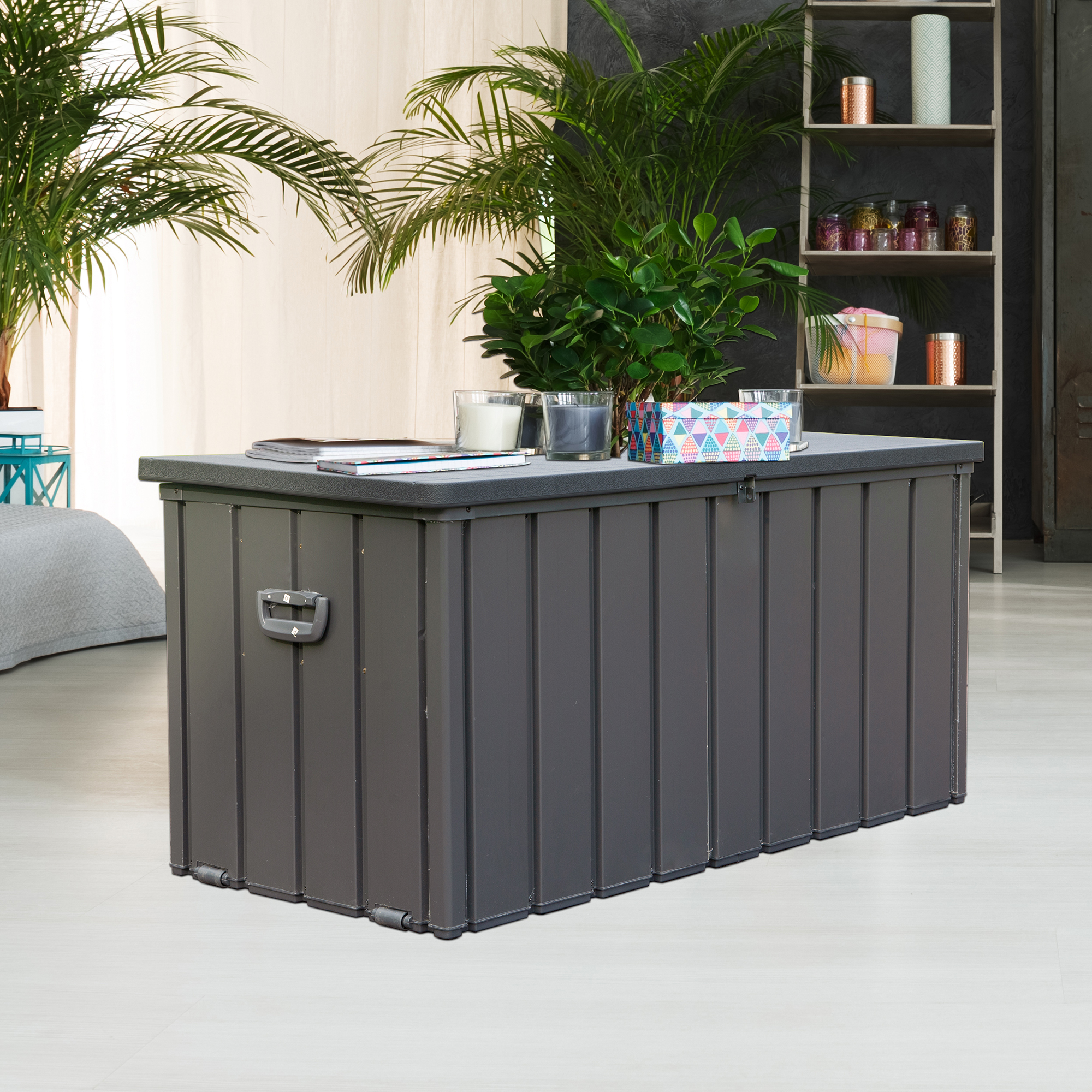 Coffre rangement extérieur gallon, gris, verrouillable