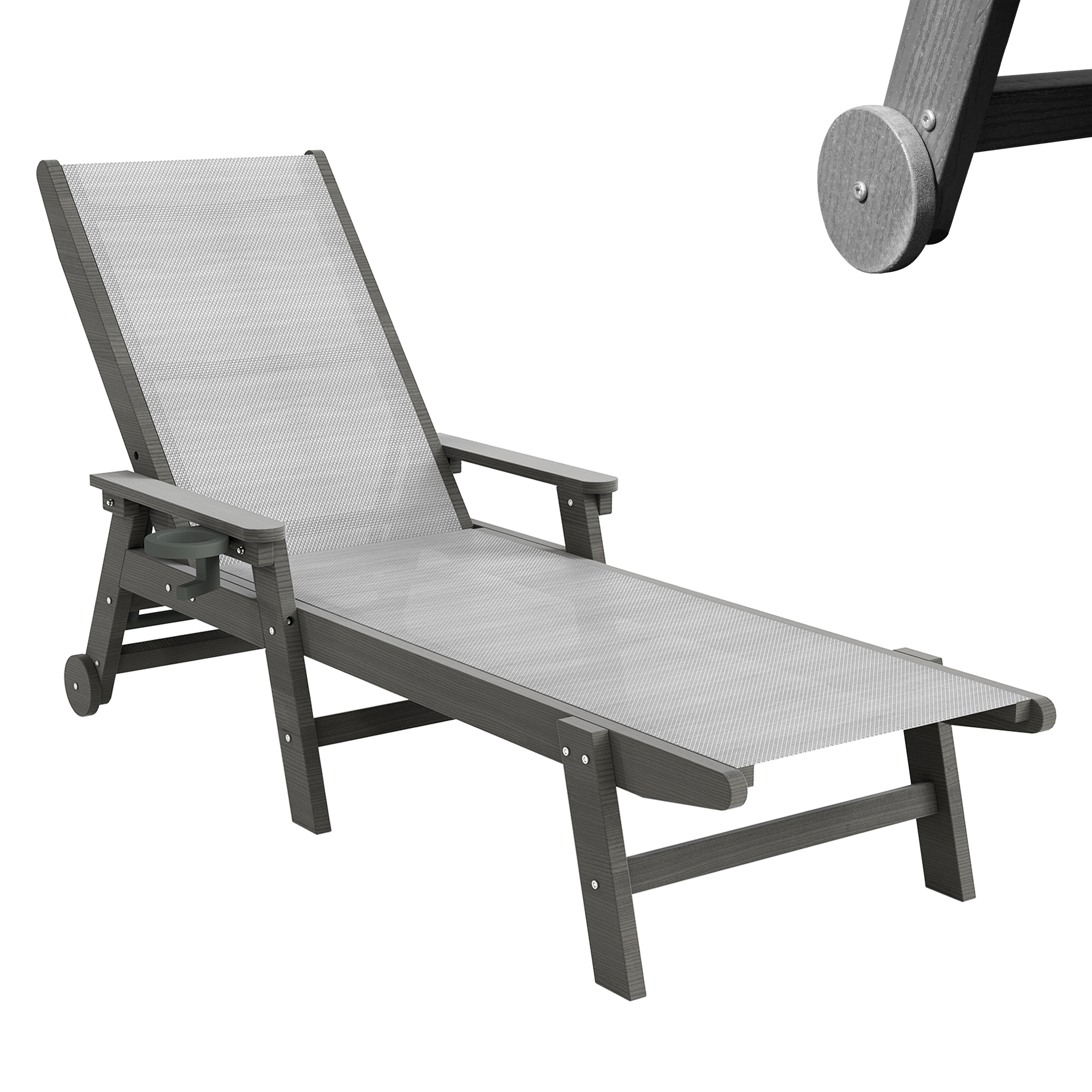 Chaise longue extérieur HDPE roues grise 5 positions