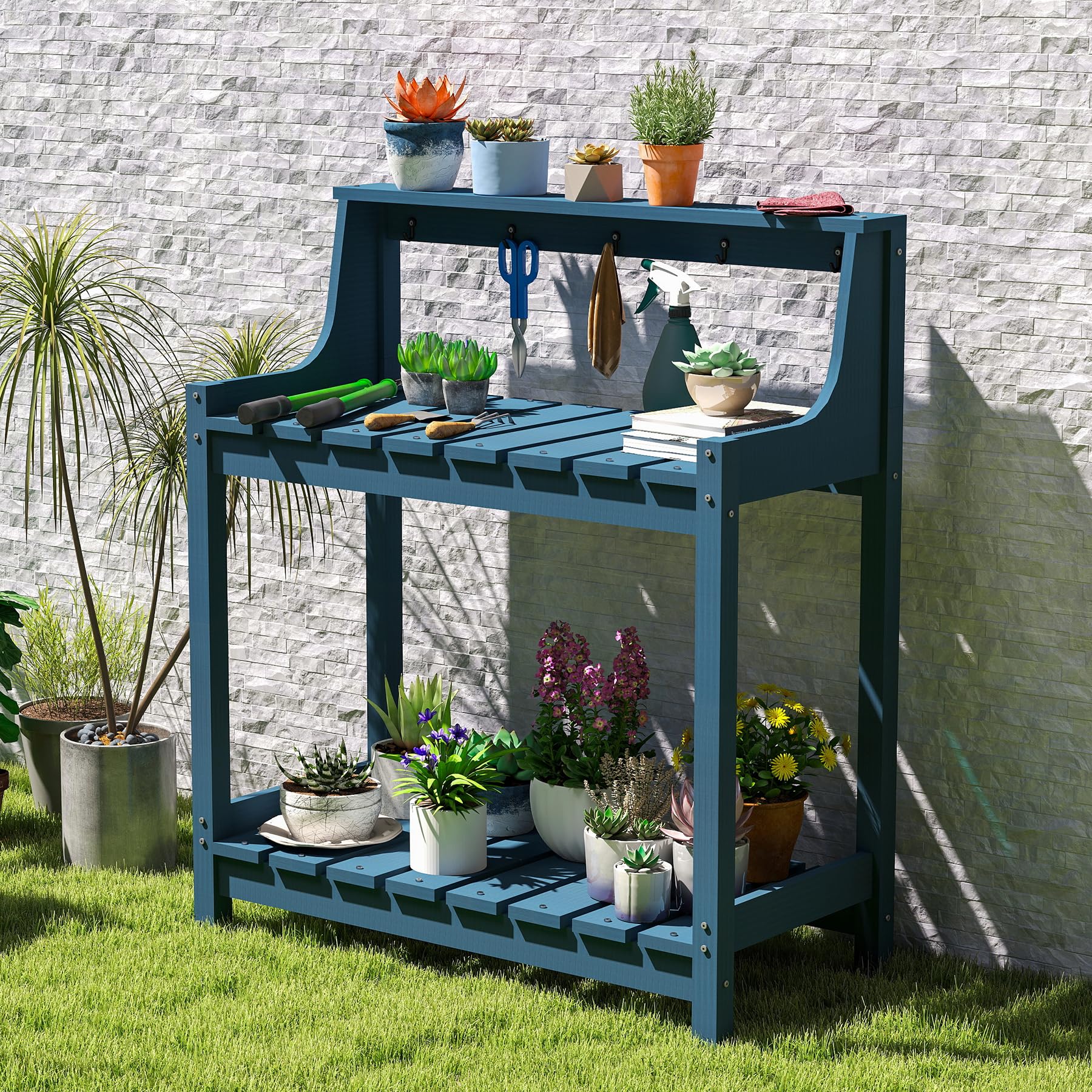 Établi rempotage HDPE tout temps, rangement, extérieur, bleu