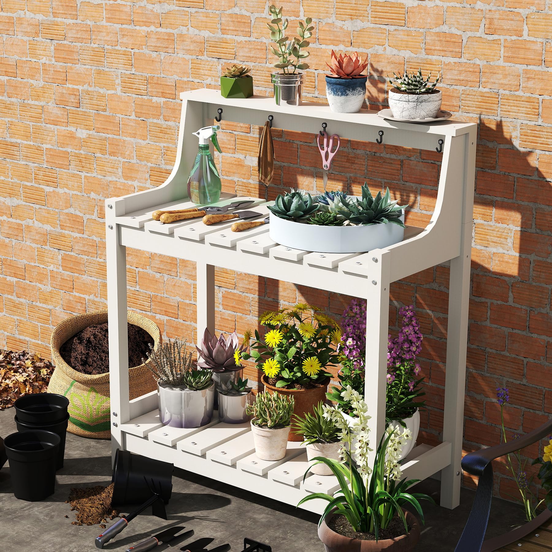Table empotage extérieur HDPE, rangement patio jardin, blanc